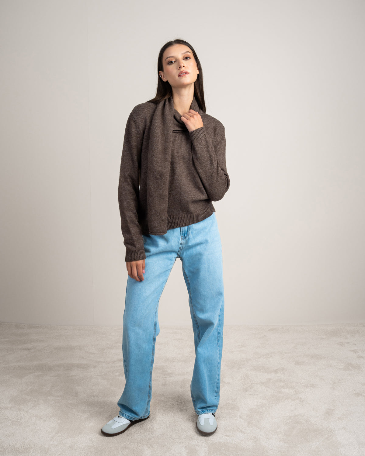 Plain Knitwear Pullover With Scarf
