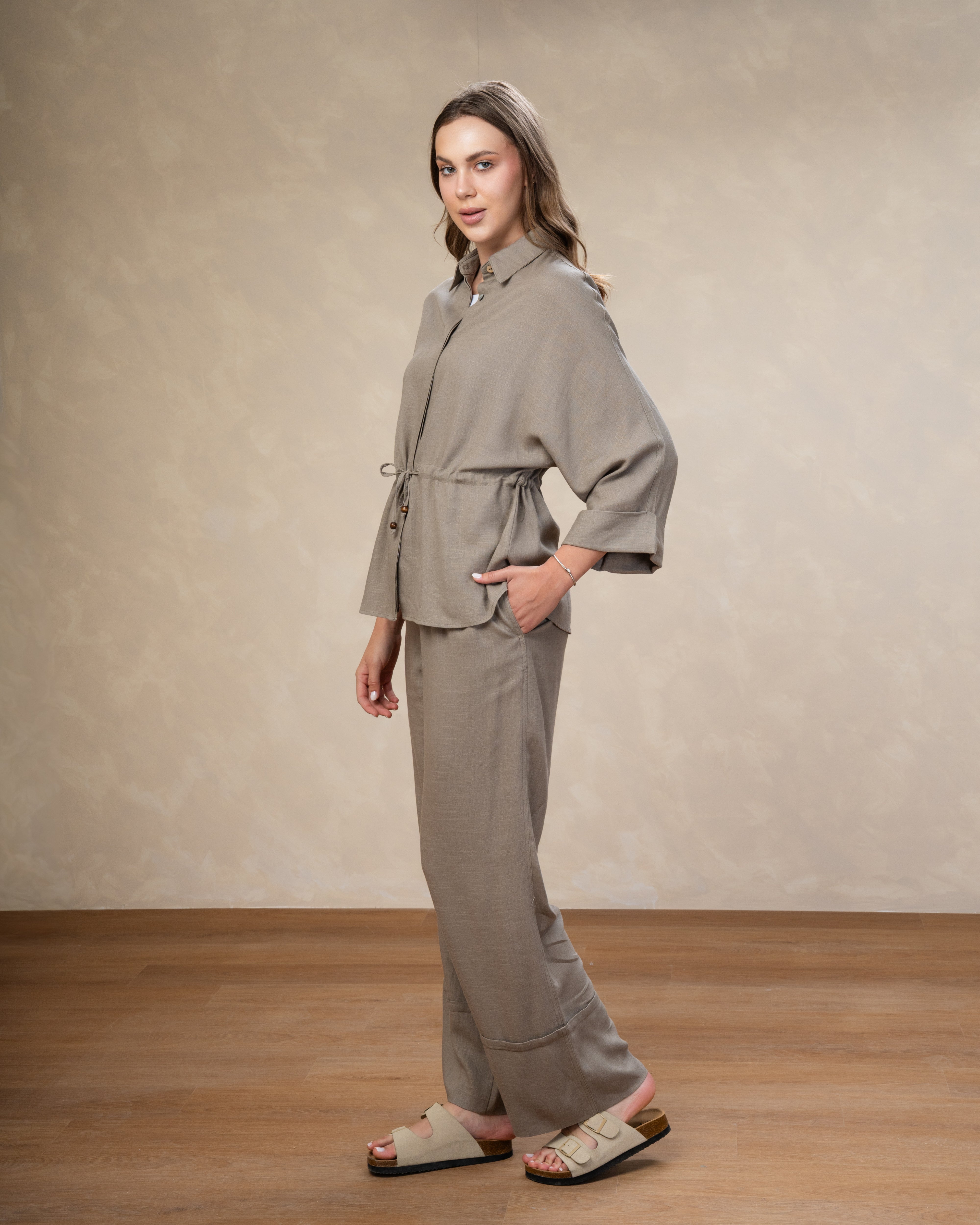 Plain Linen Shirt - With Waist Tie