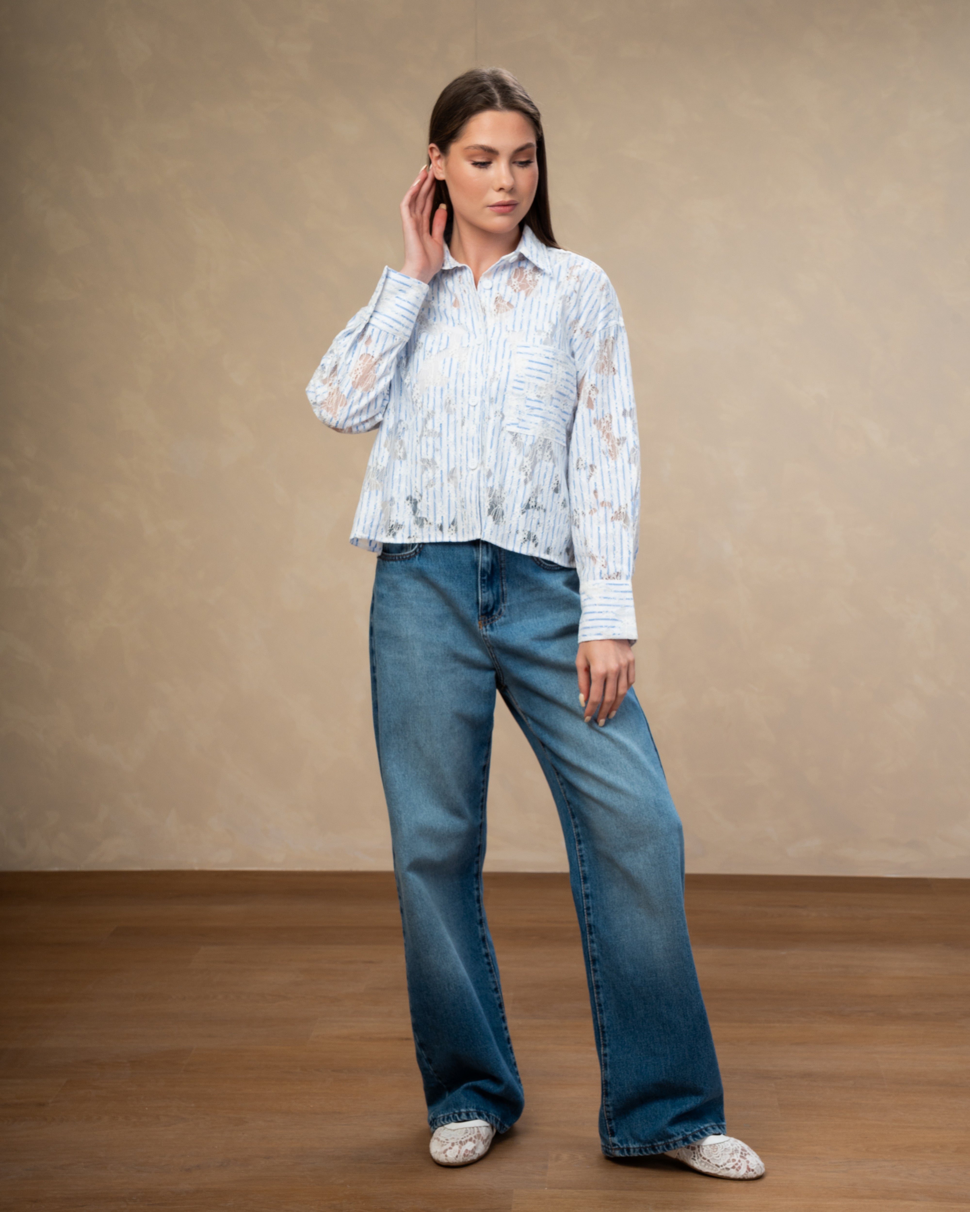 Short Floral Embroidered - Shirt With Chest Pocket