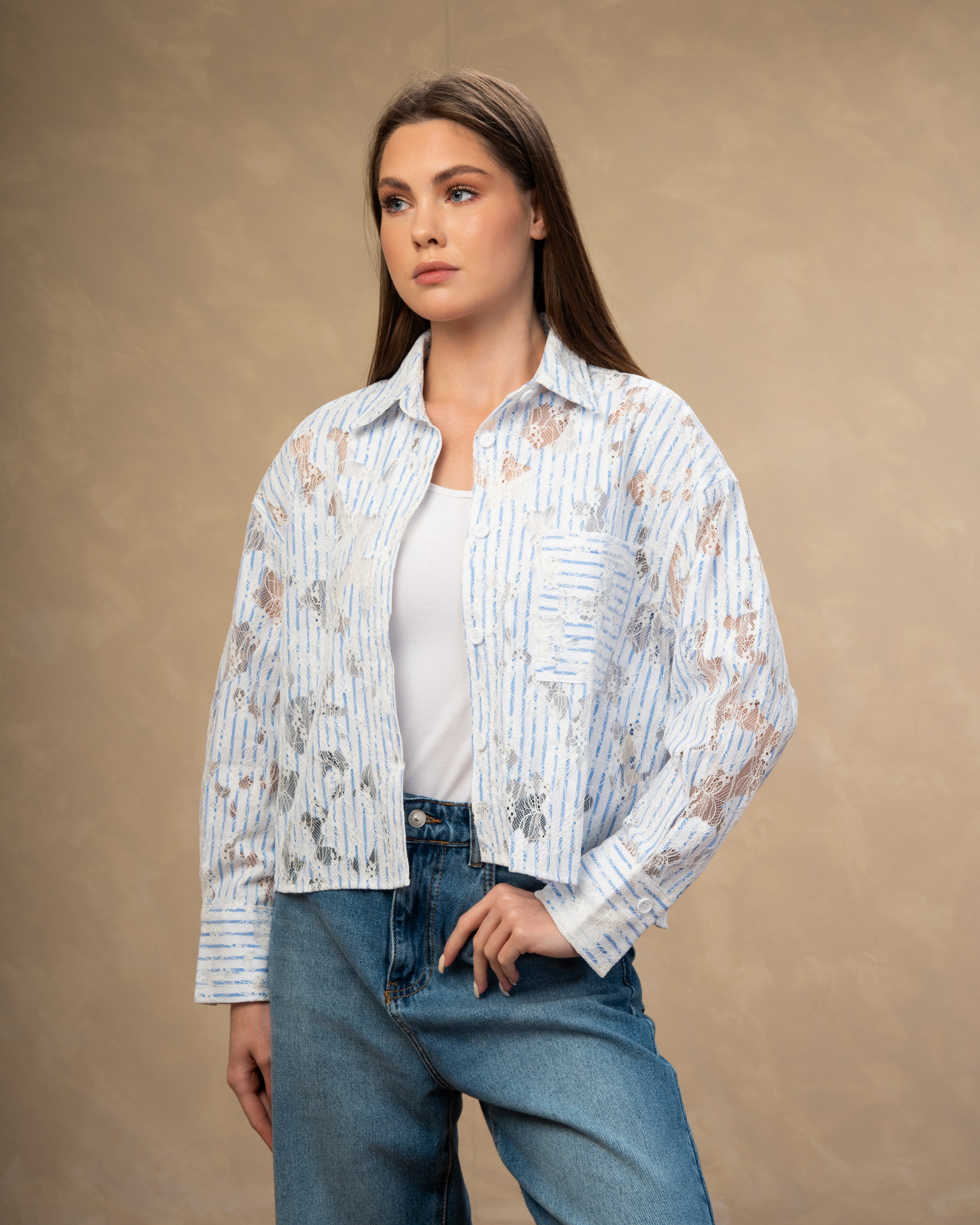 Short Floral Embroidered - Shirt With Chest Pocket