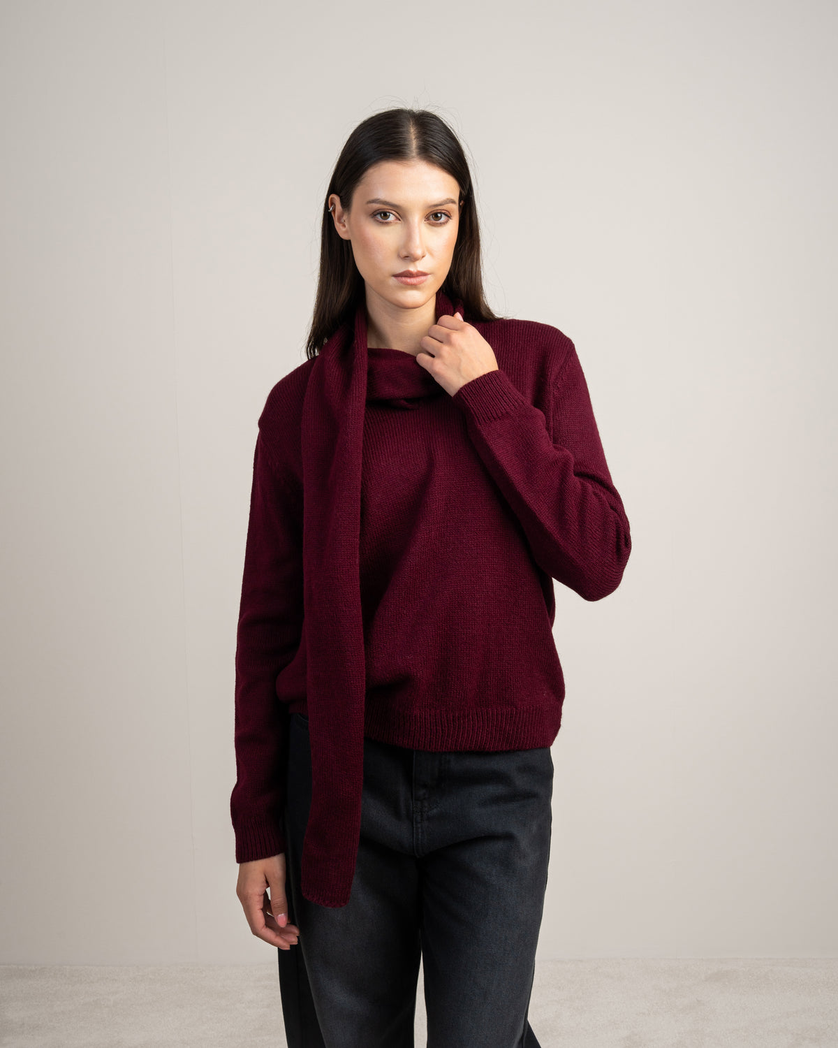 Plain Knitwear Pullover With Scarf