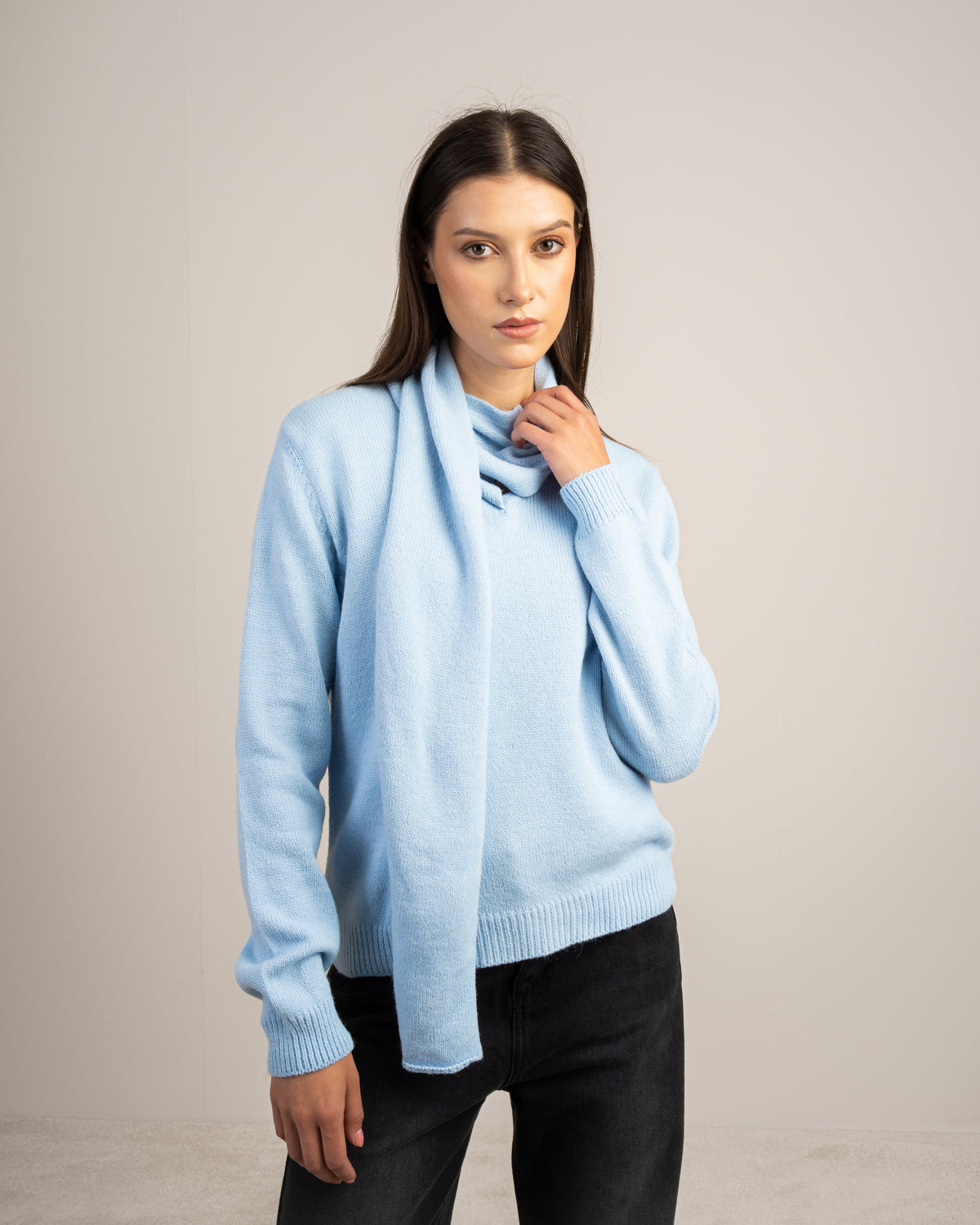 Plain Knitwear Pullover With Scarf
