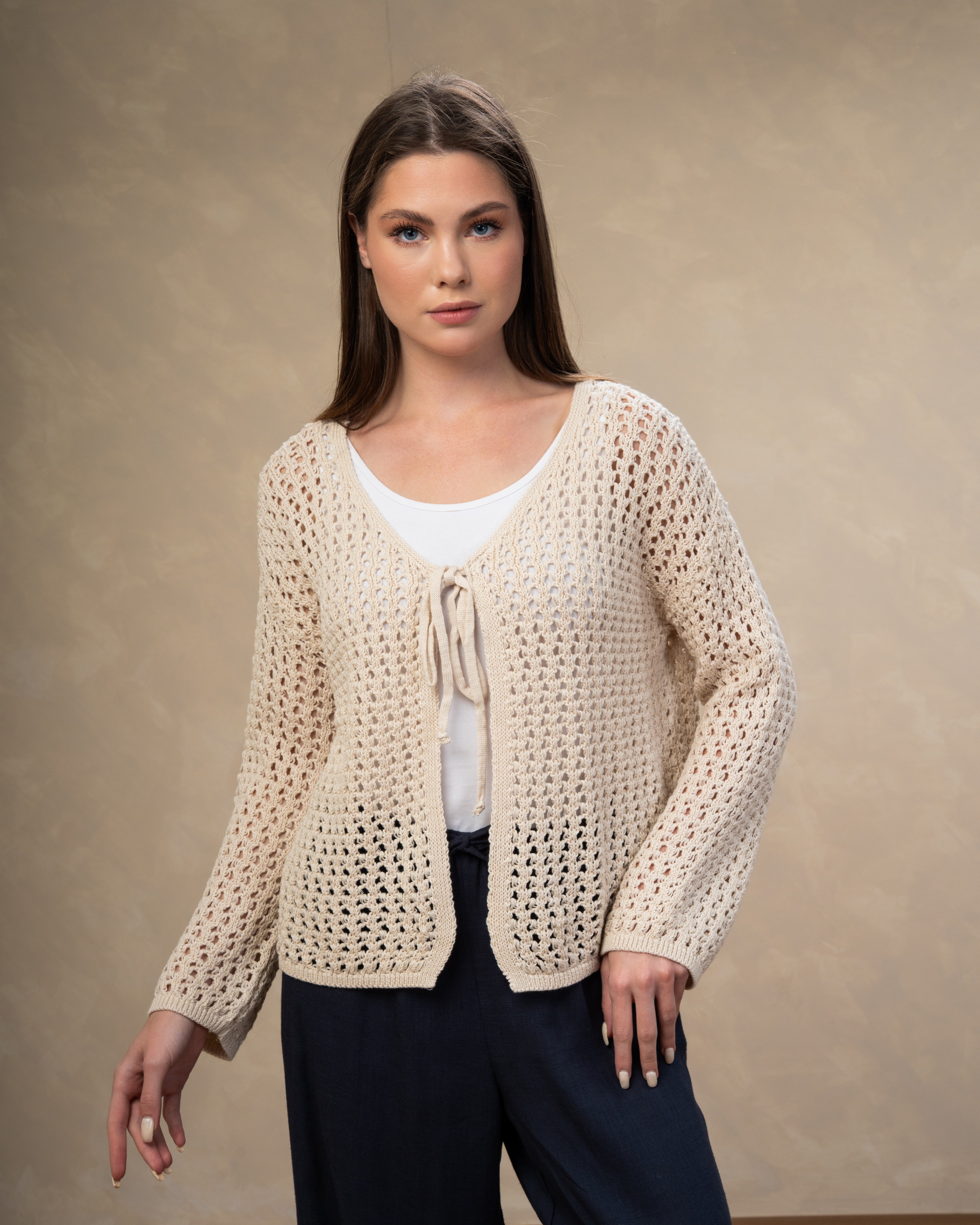 Short Open Knitwear Cardigan - With Tie