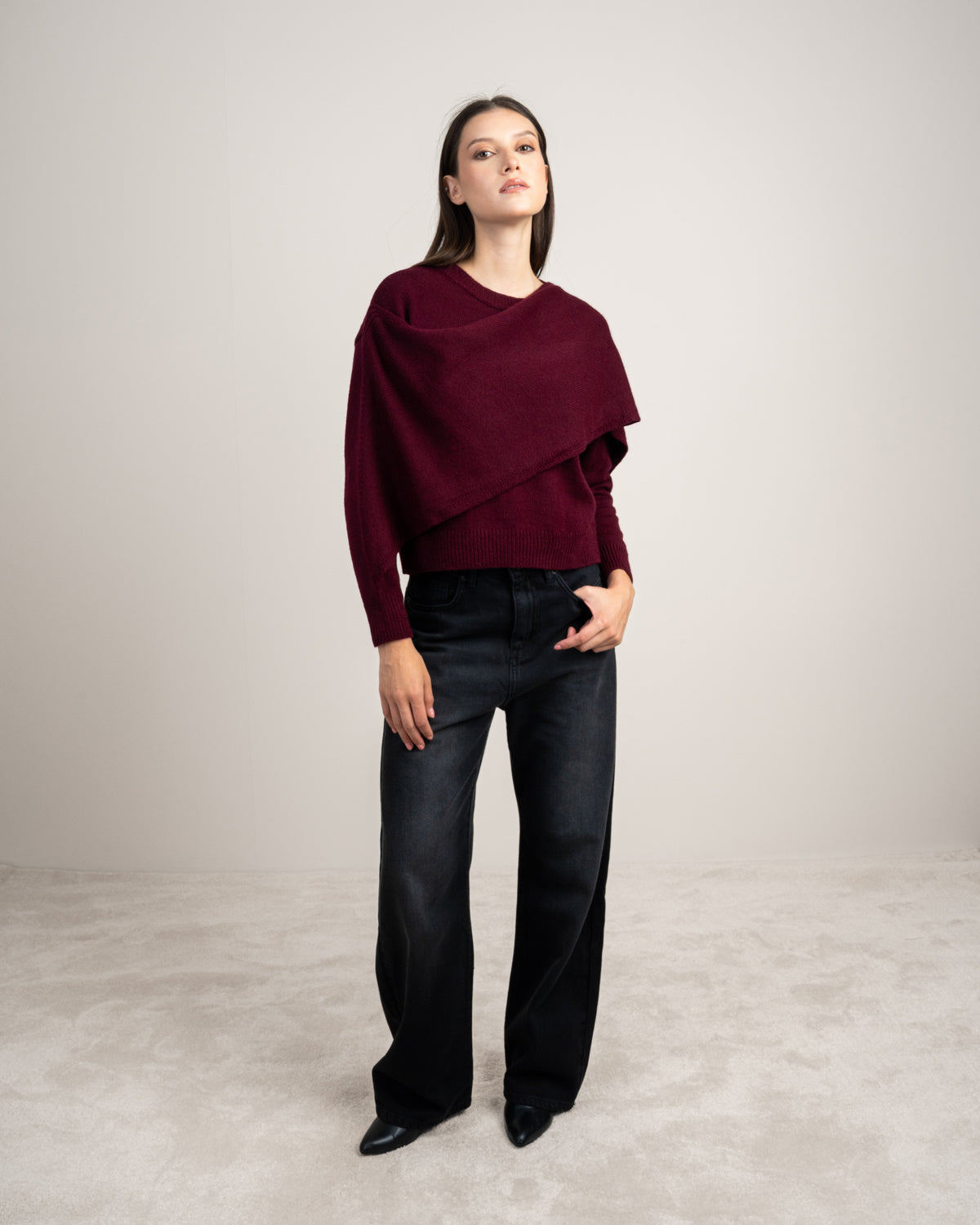 Plain Knitwear Pullover - With Attached Scarf