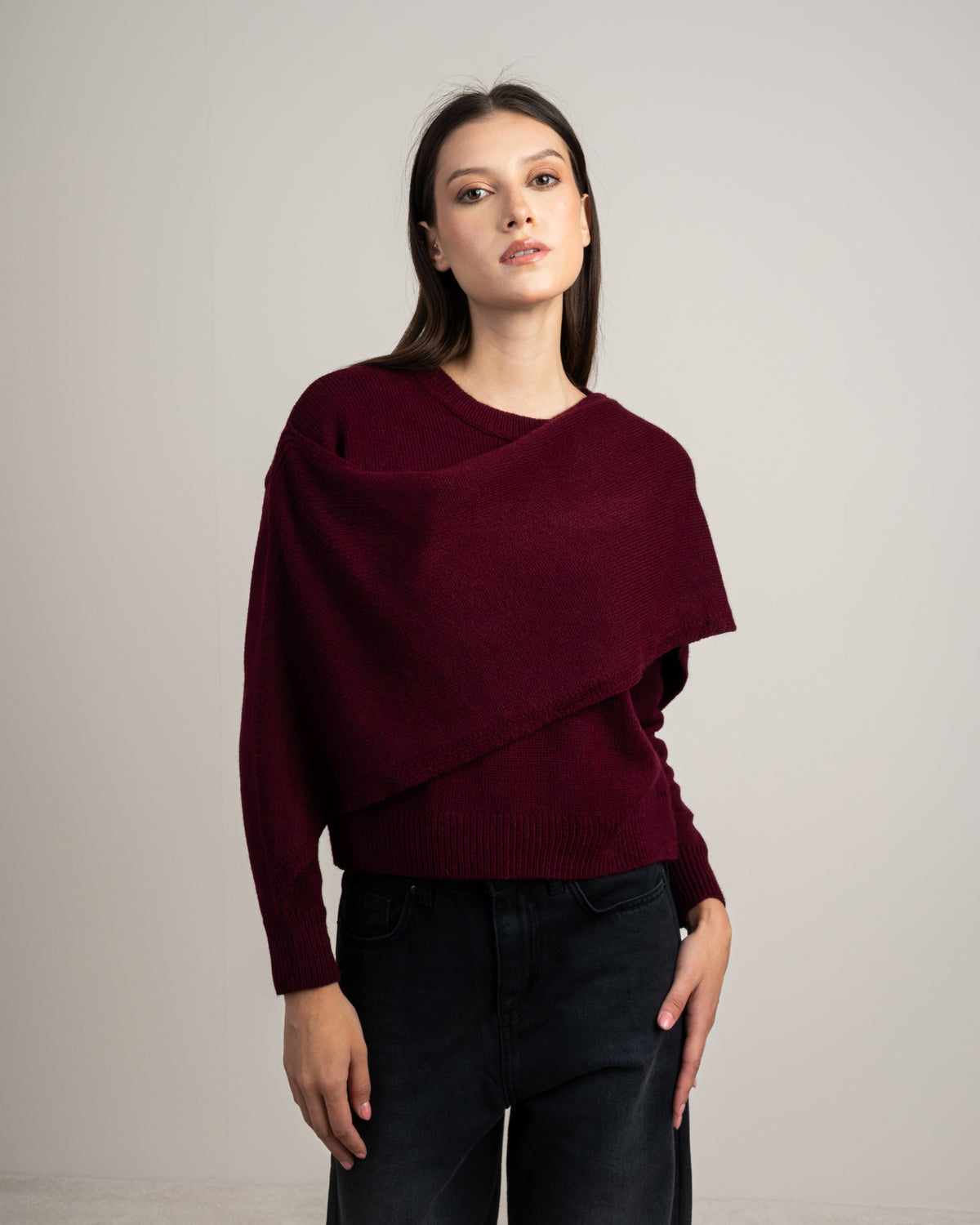 Plain Knitwear Pullover - With Attached Scarf