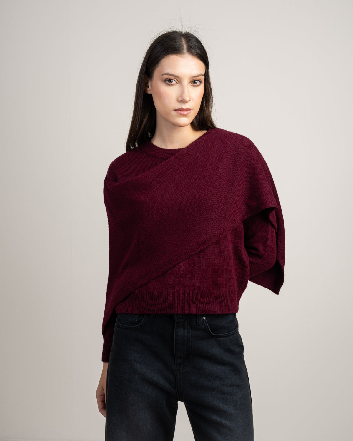 Plain Knitwear Pullover - With Attached Scarf