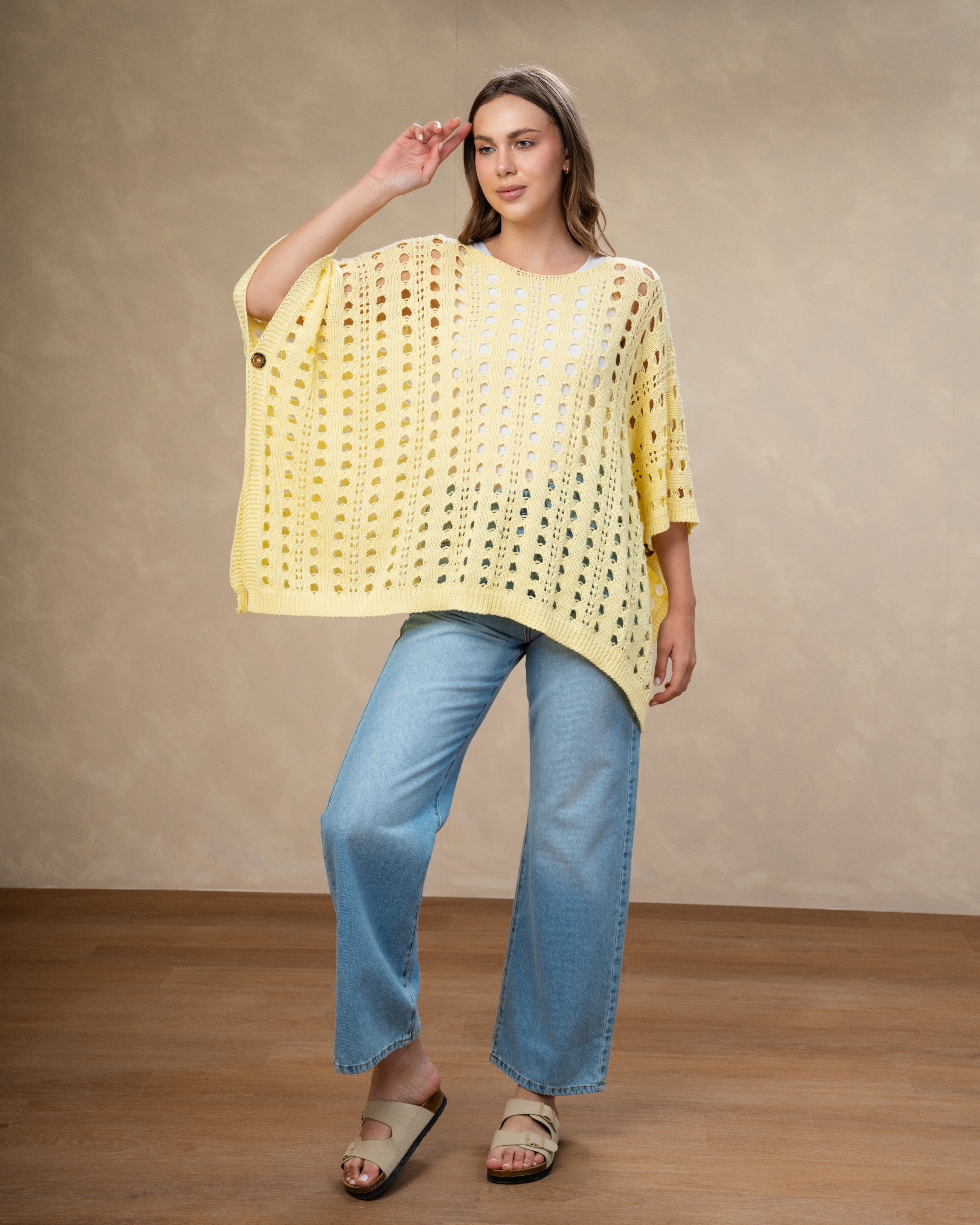 Open Knitwear Cardigan With Square Pattern And Tie