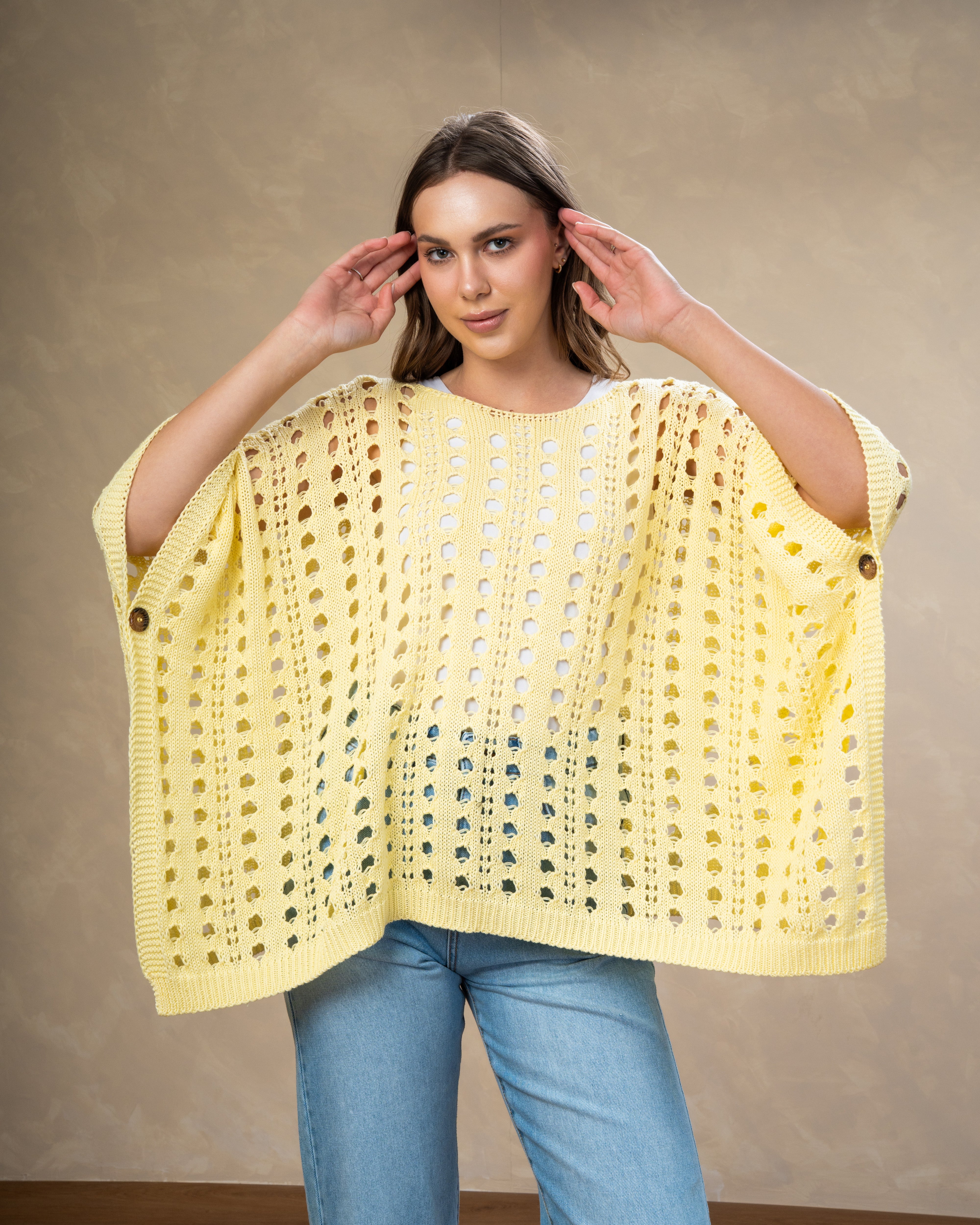 Open Knitwear Cardigan With Square Pattern And Tie