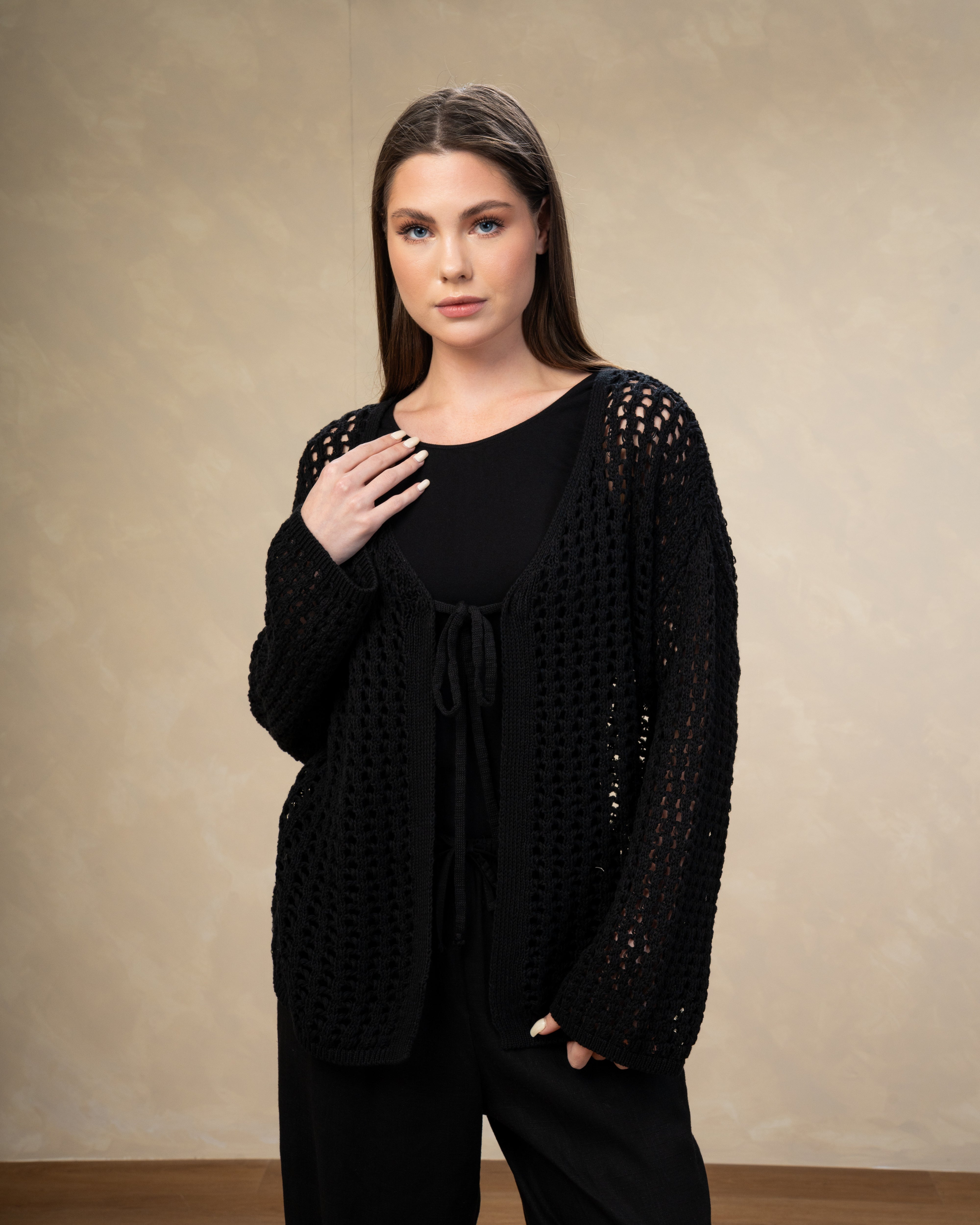 Short Open Knitwear Cardigan - With Tie