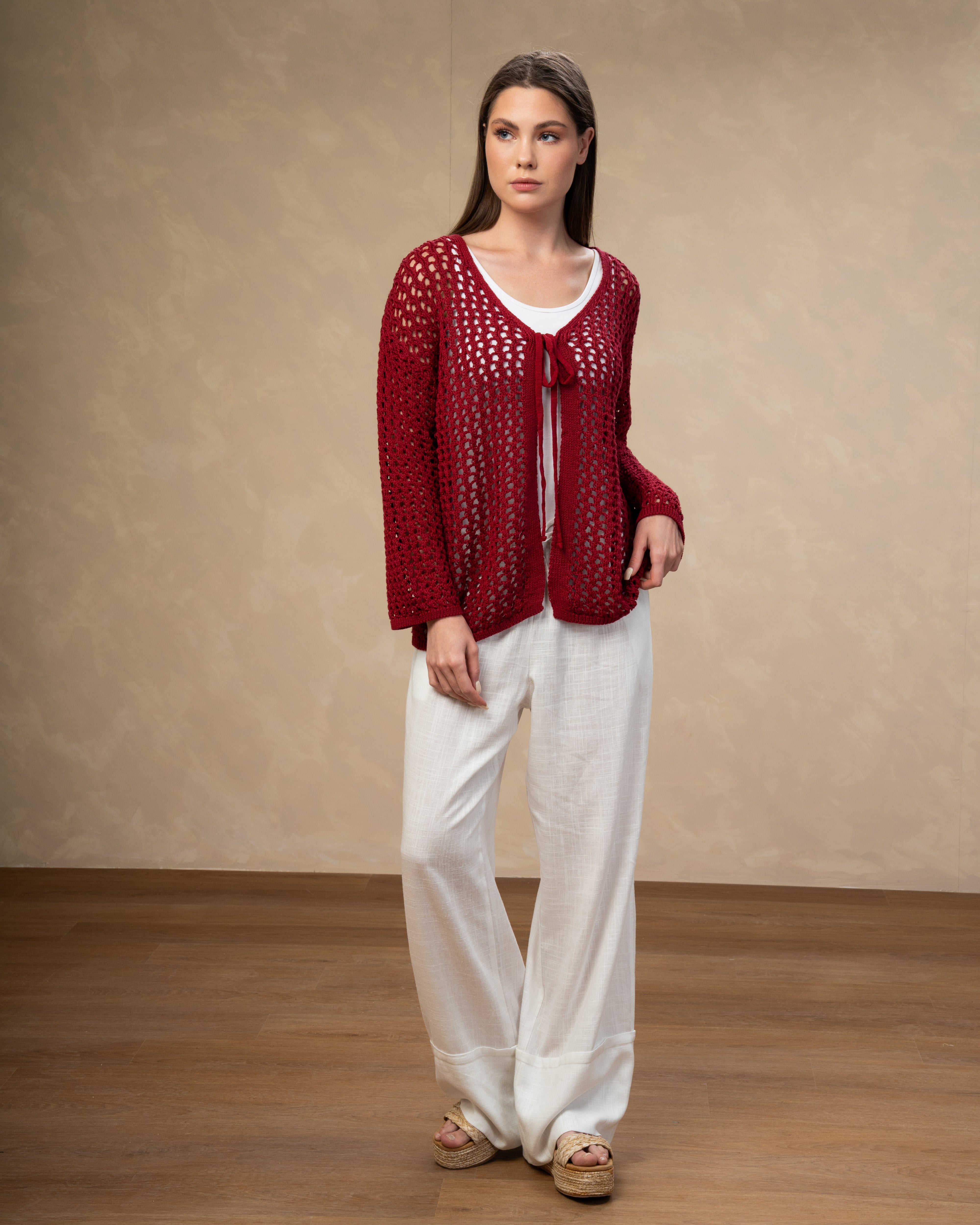 Short Open Knitwear Cardigan - With Tie