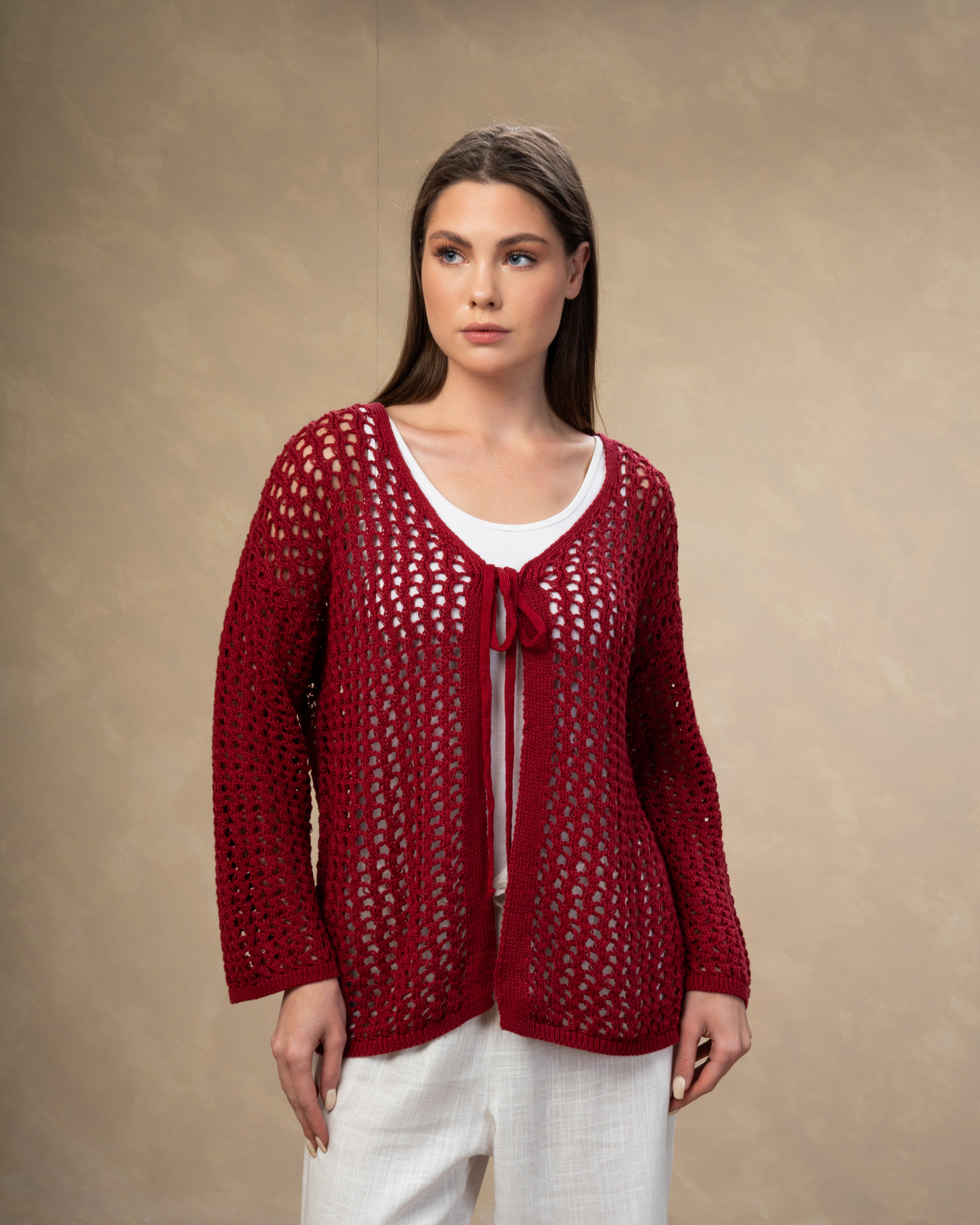 Short Open Knitwear Cardigan - With Tie