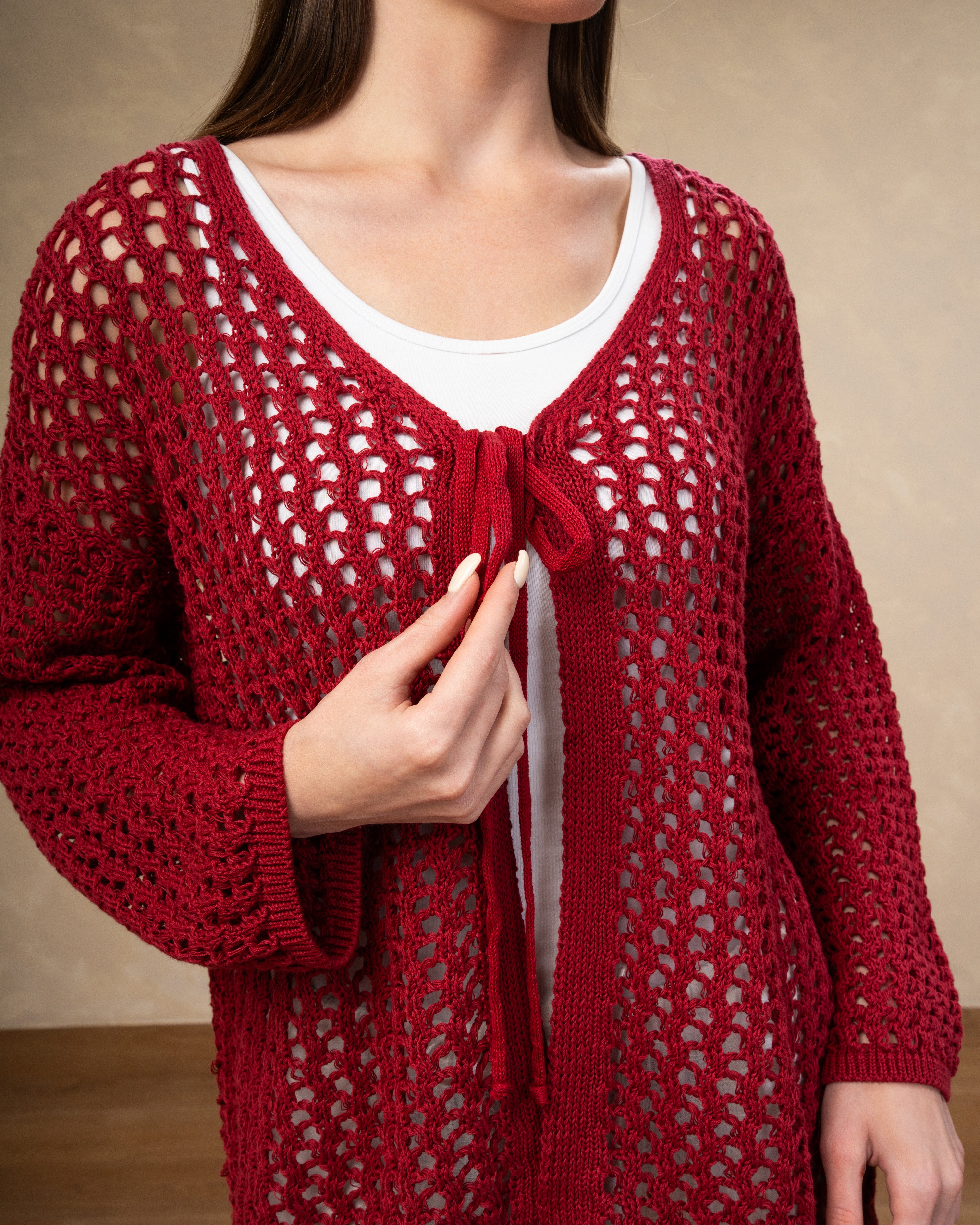 Short Open Knitwear Cardigan - With Tie