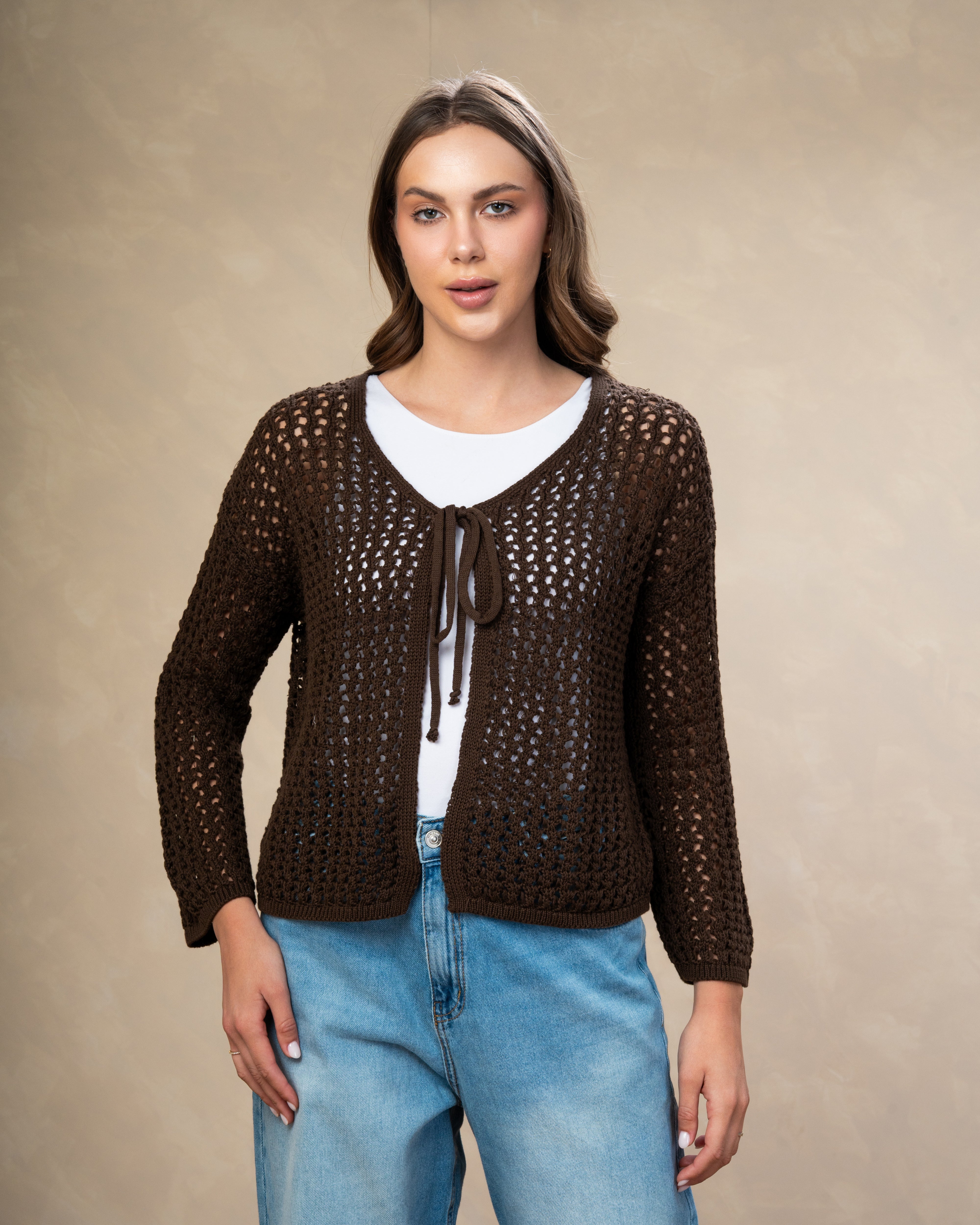 Short Open Knitwear Cardigan - With Tie