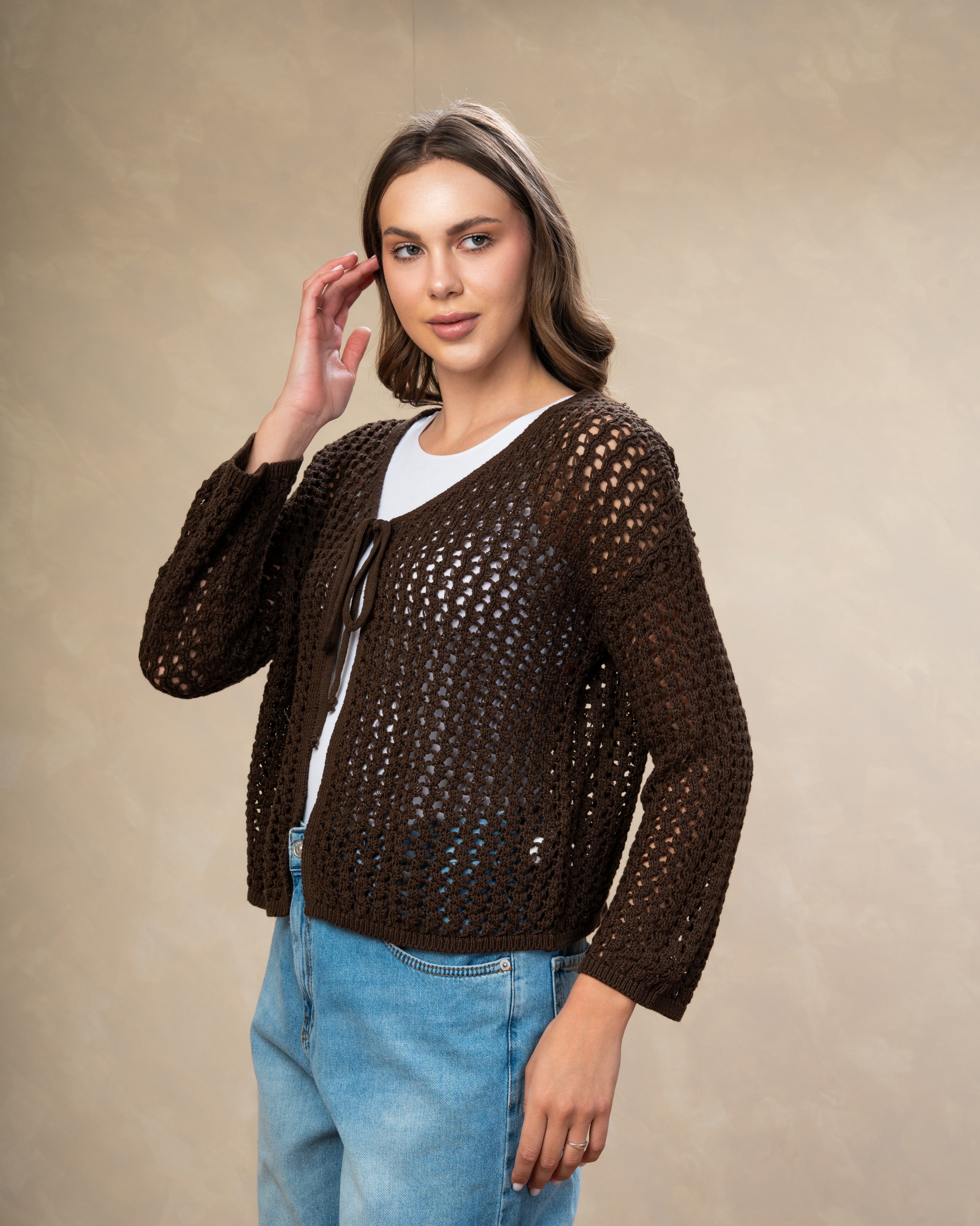 Short Open Knitwear Cardigan - With Tie