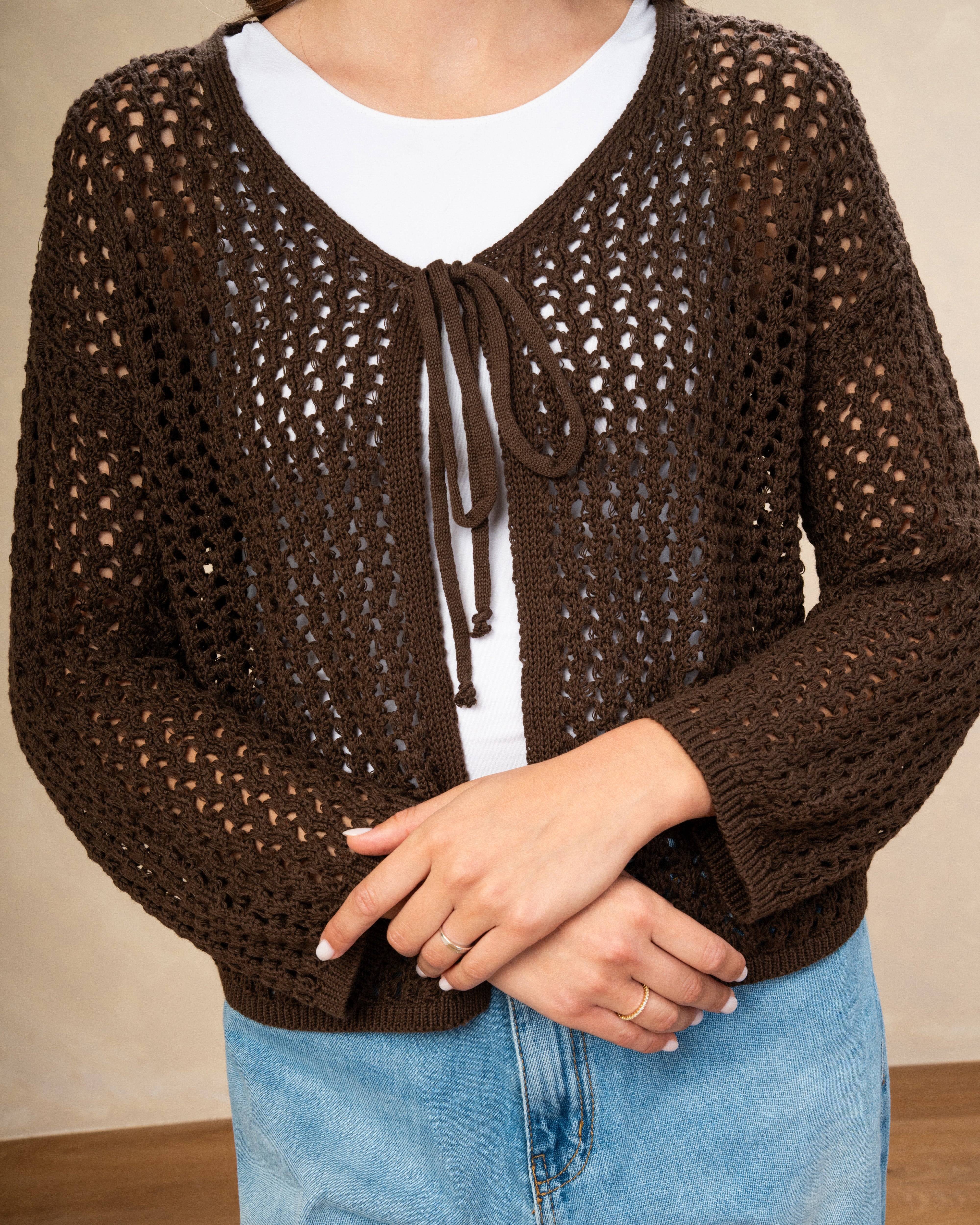 Short Open Knitwear Cardigan - With Tie
