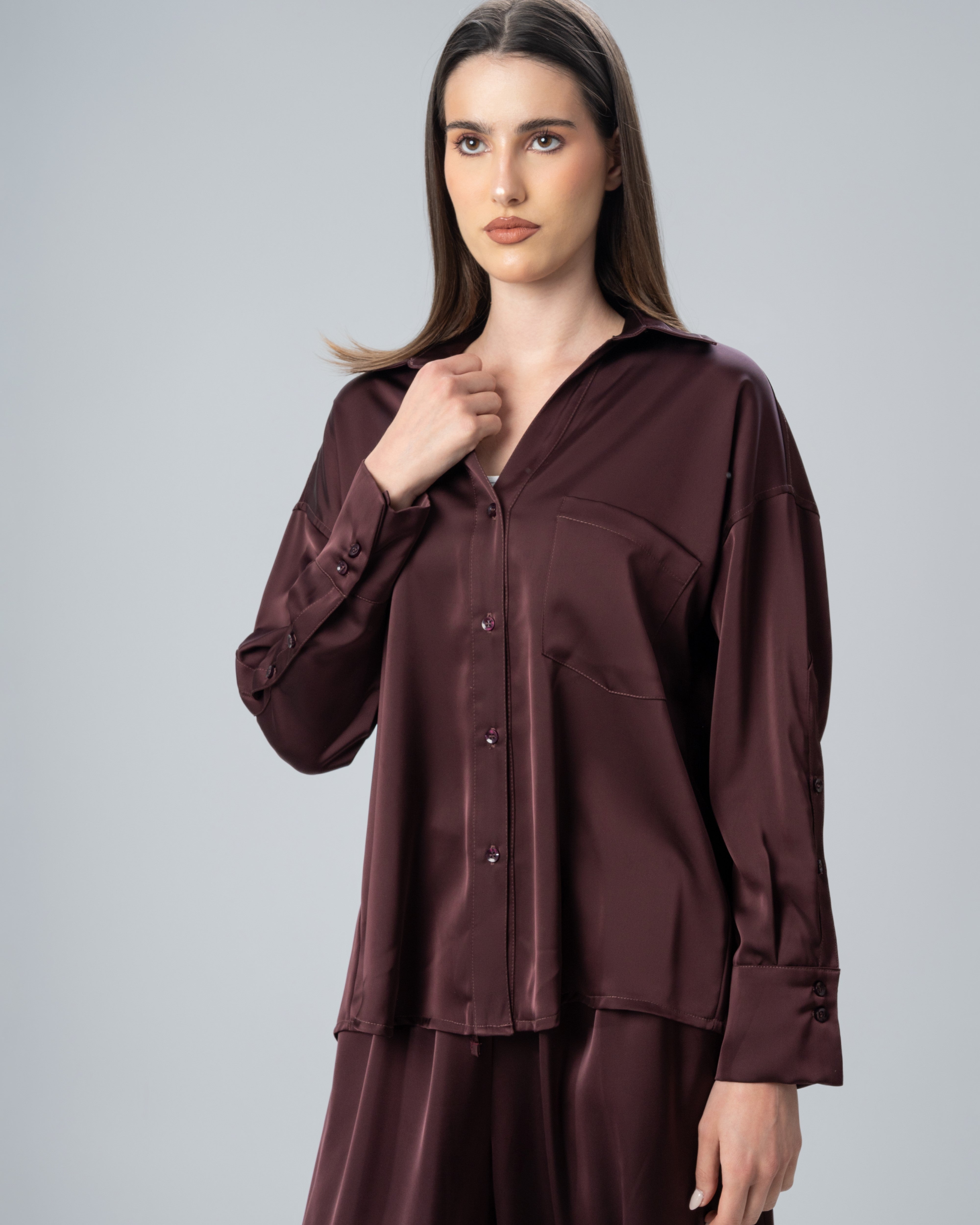 Plain Satin Shirt With Chest - Pocket And Buttons