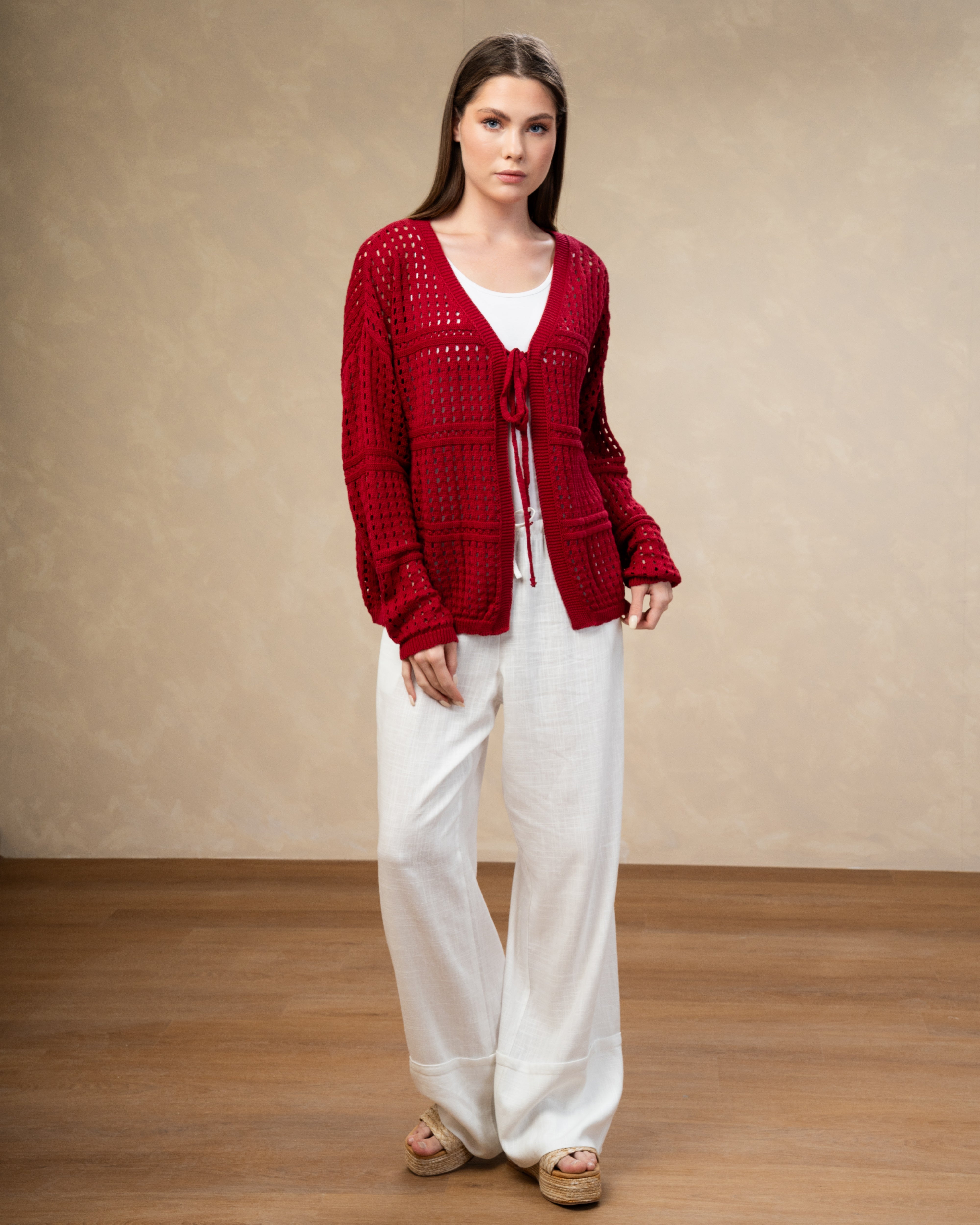 Open Knitwear Cardigan - With Square Pattern And Tie