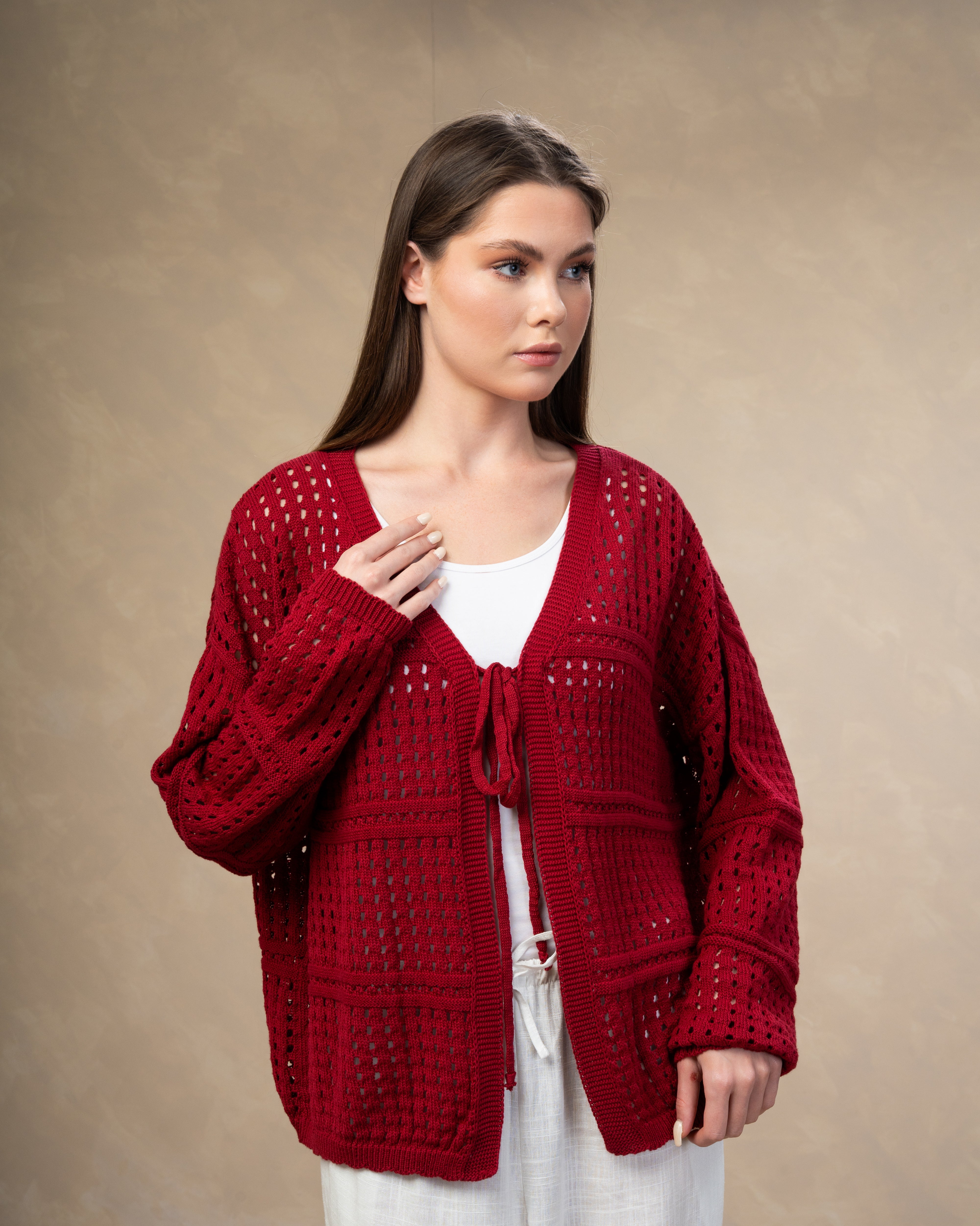 Open Knitwear Cardigan - With Square Pattern And Tie