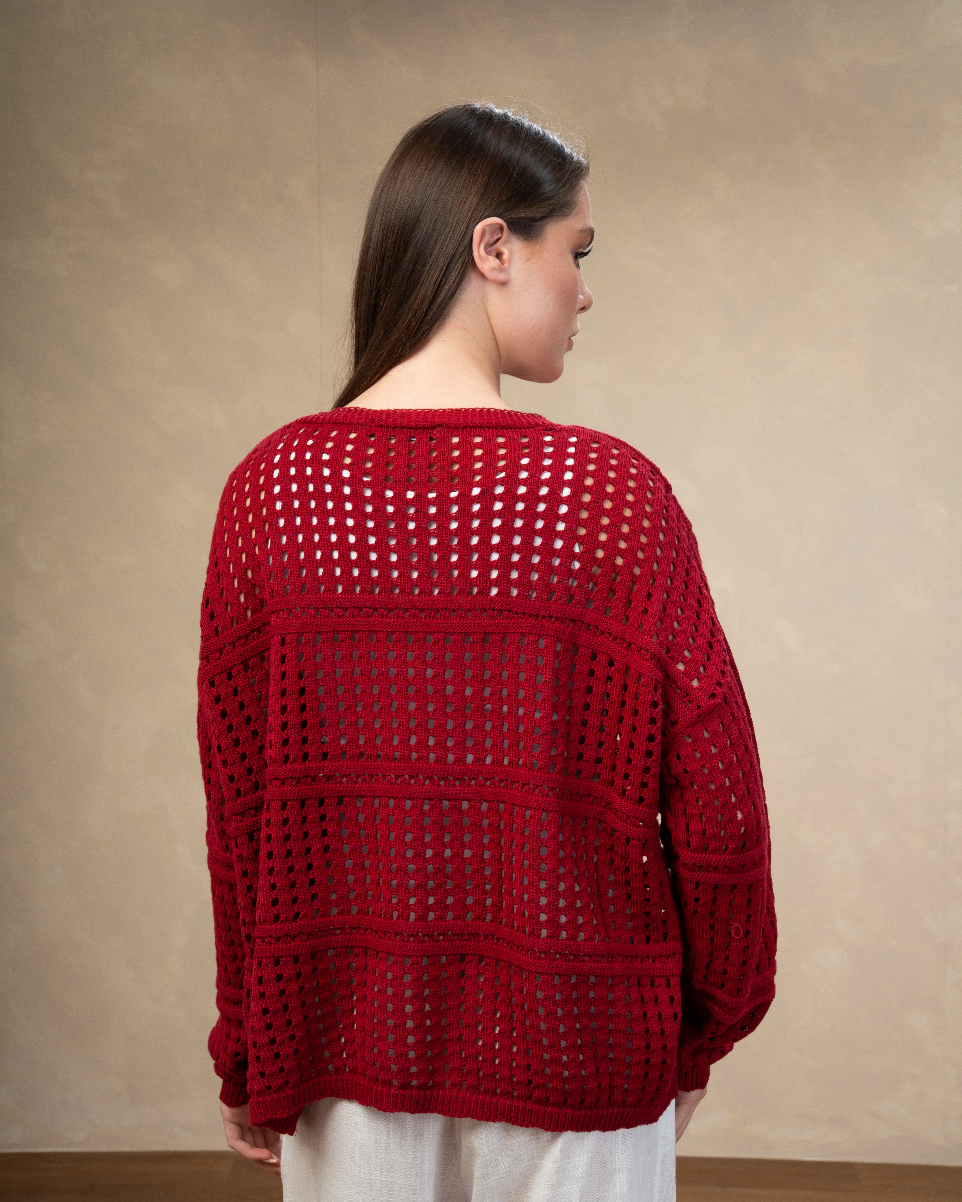 Open Knitwear Cardigan - With Square Pattern And Tie