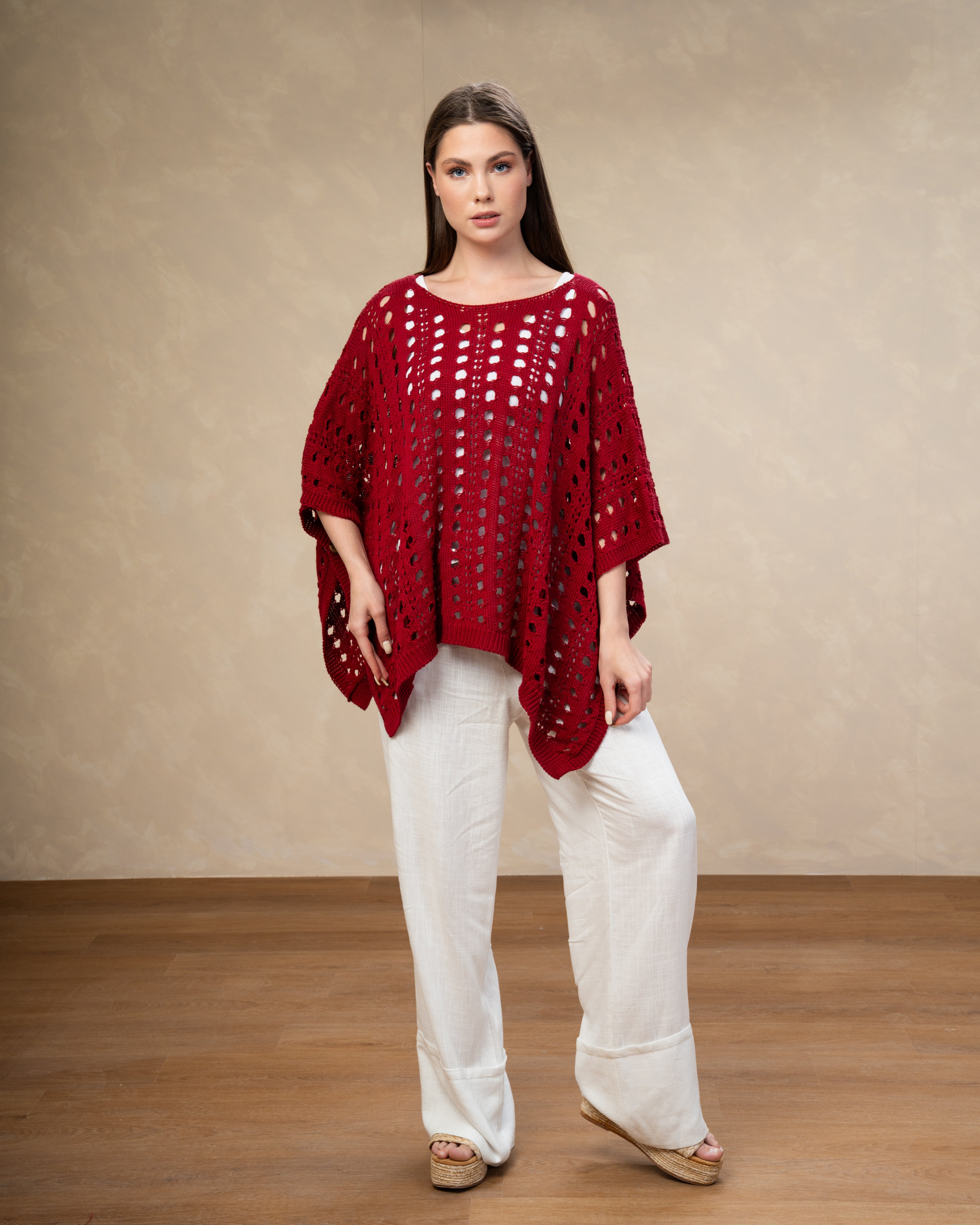 Open Knitwear Cardigan With Square Pattern And Tie