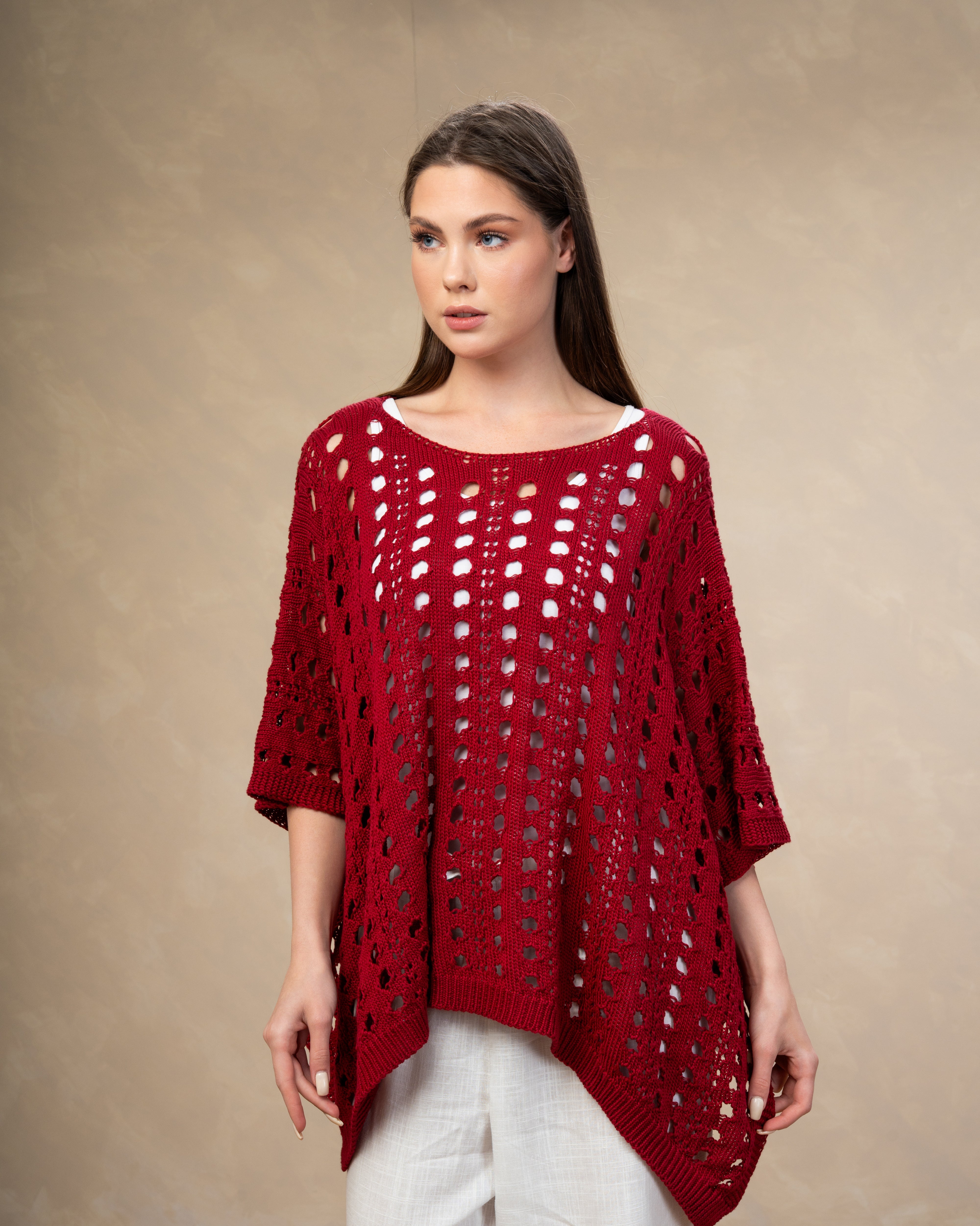 Open Knitwear Cardigan With Square Pattern And Tie