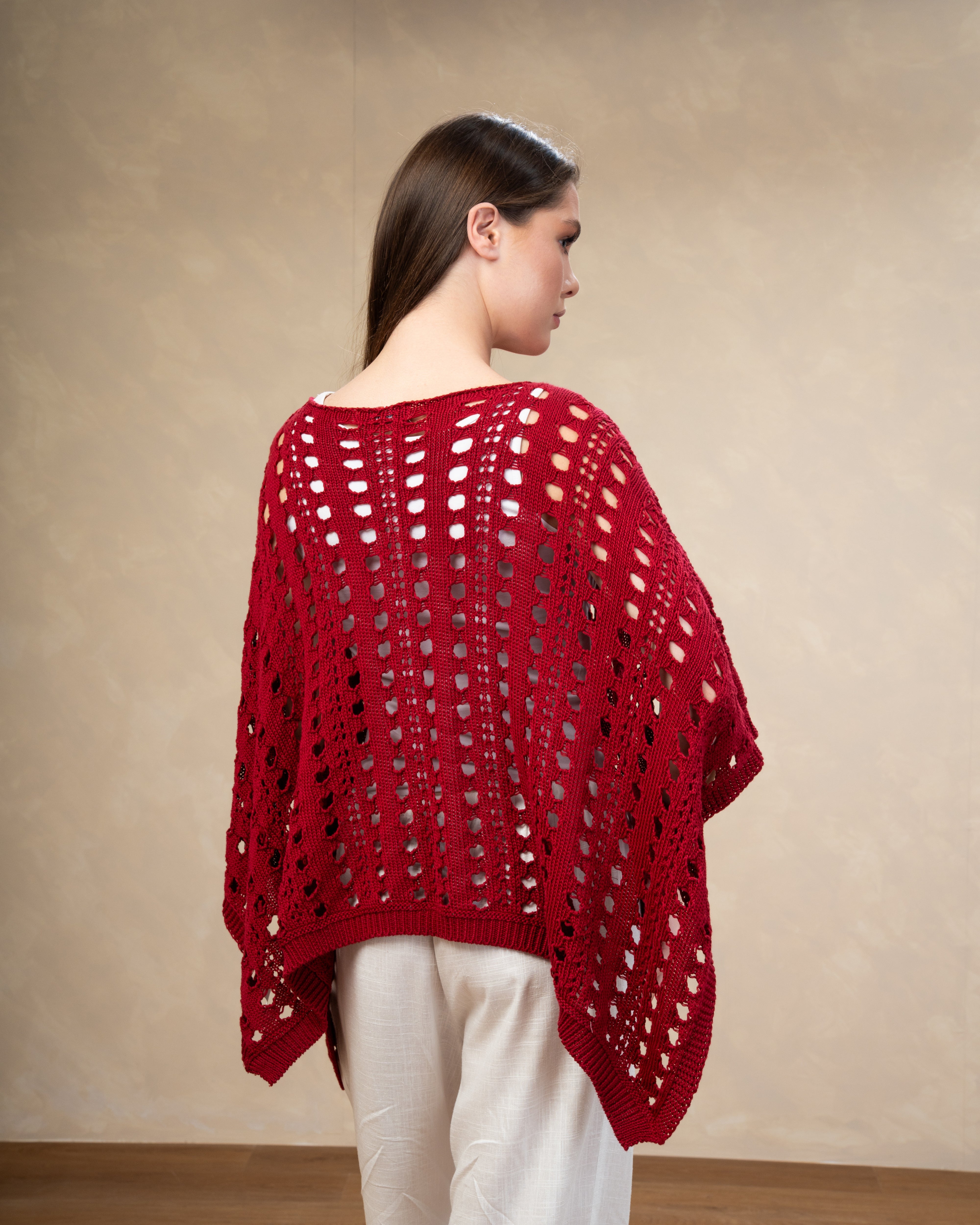 Open Knitwear Cardigan With Square Pattern And Tie