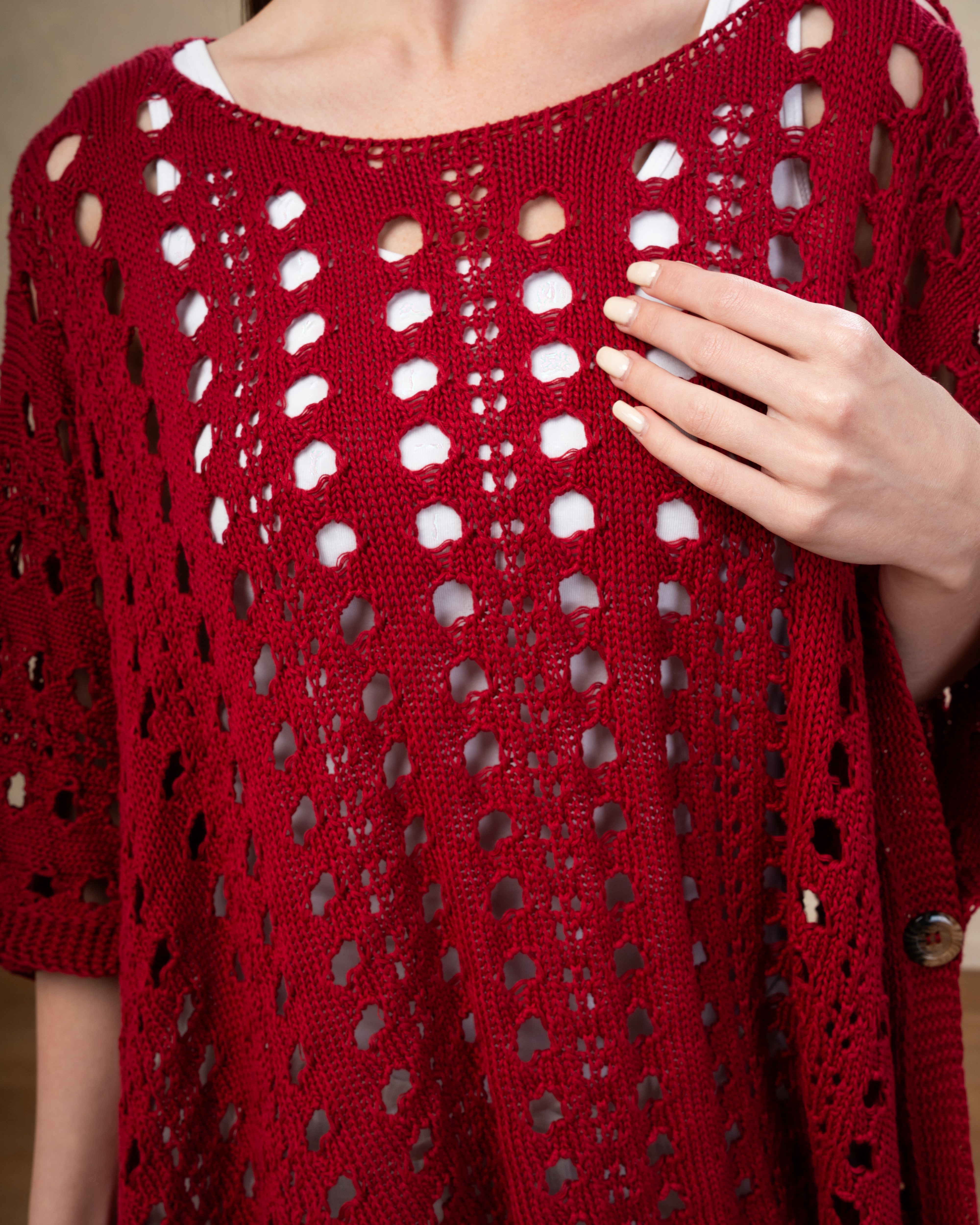 Open Knitwear Cardigan With Square Pattern And Tie