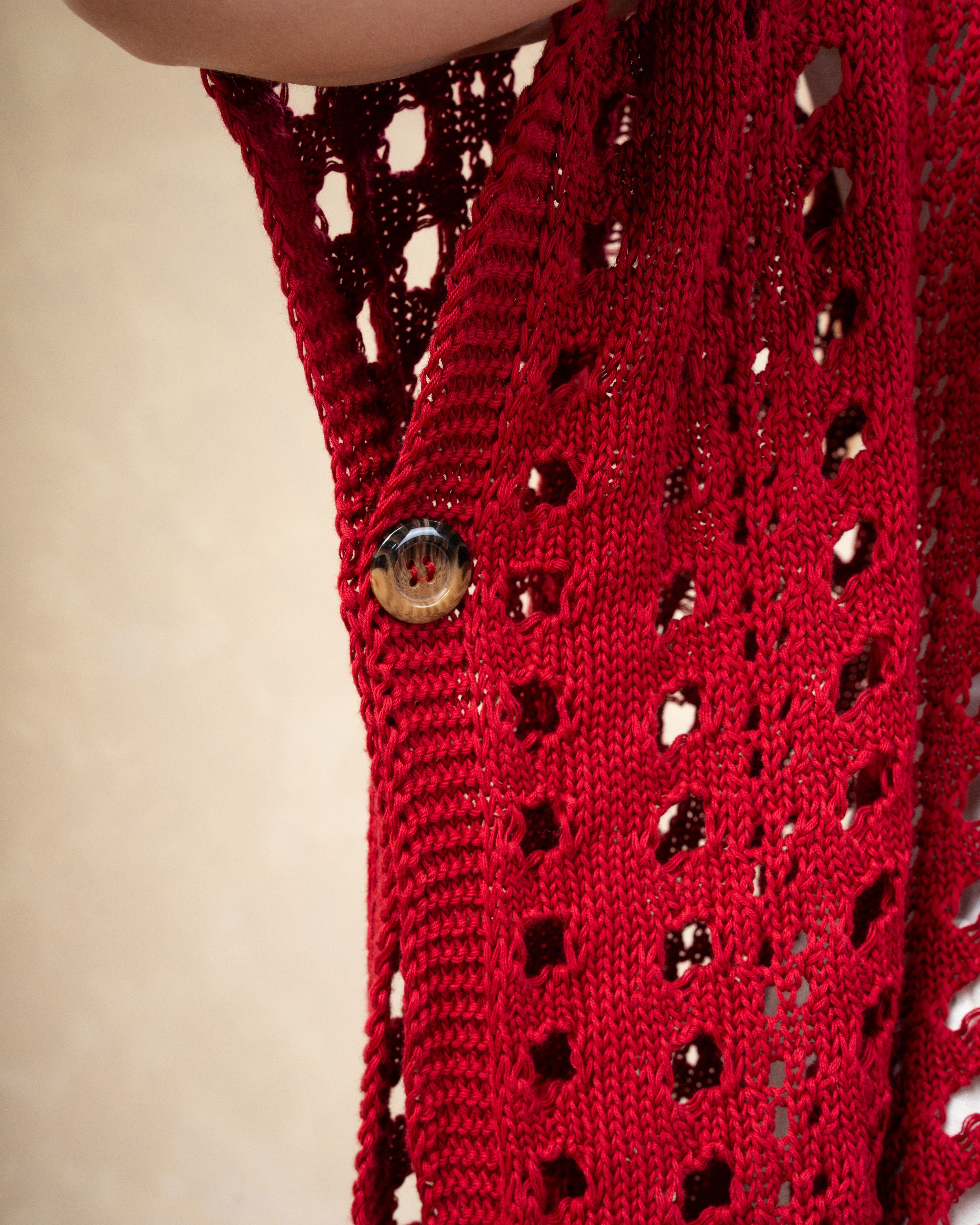 Open Knitwear Cardigan With Square Pattern And Tie
