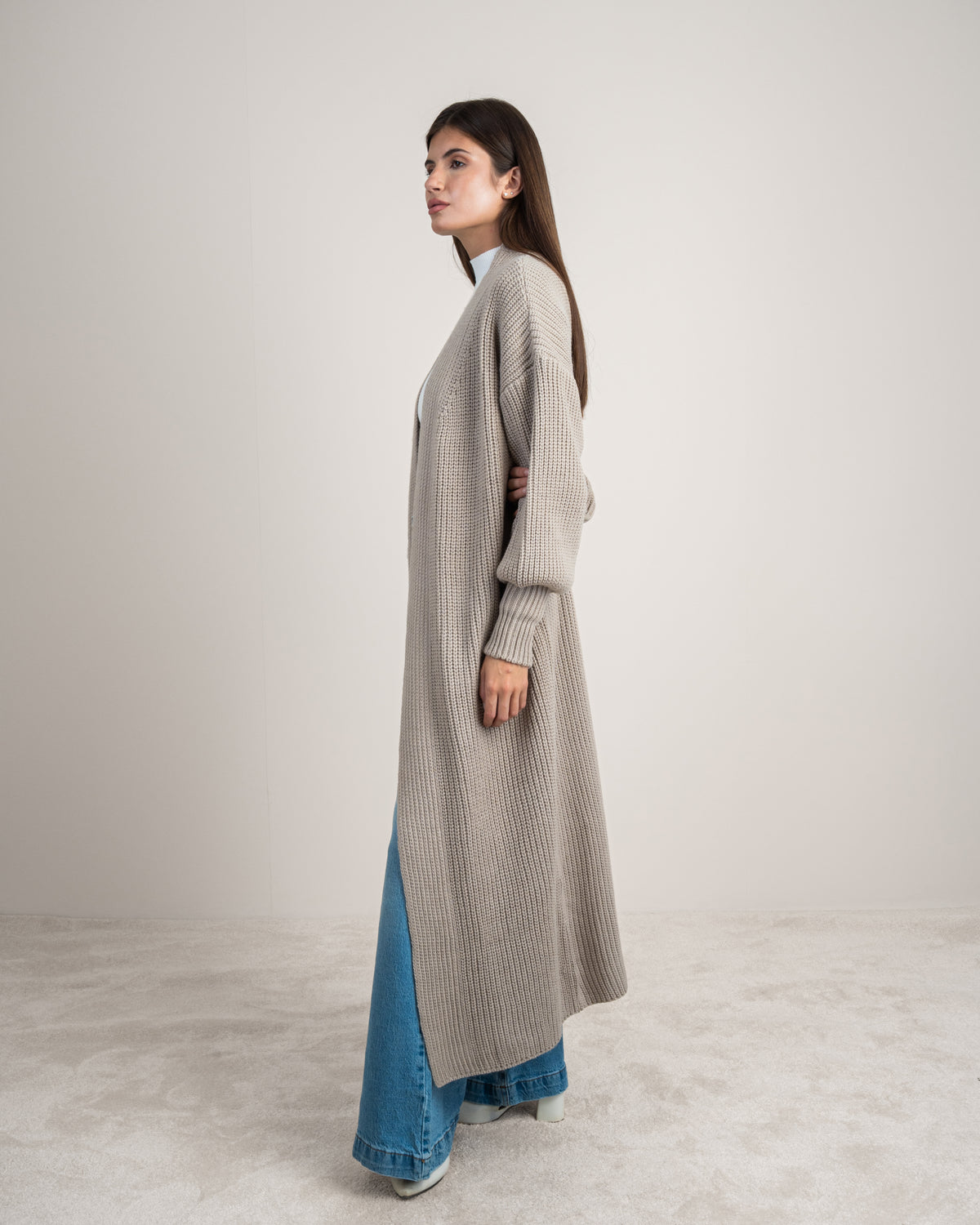 Open Knitwear Cardigan - With Ribbed Sleeves