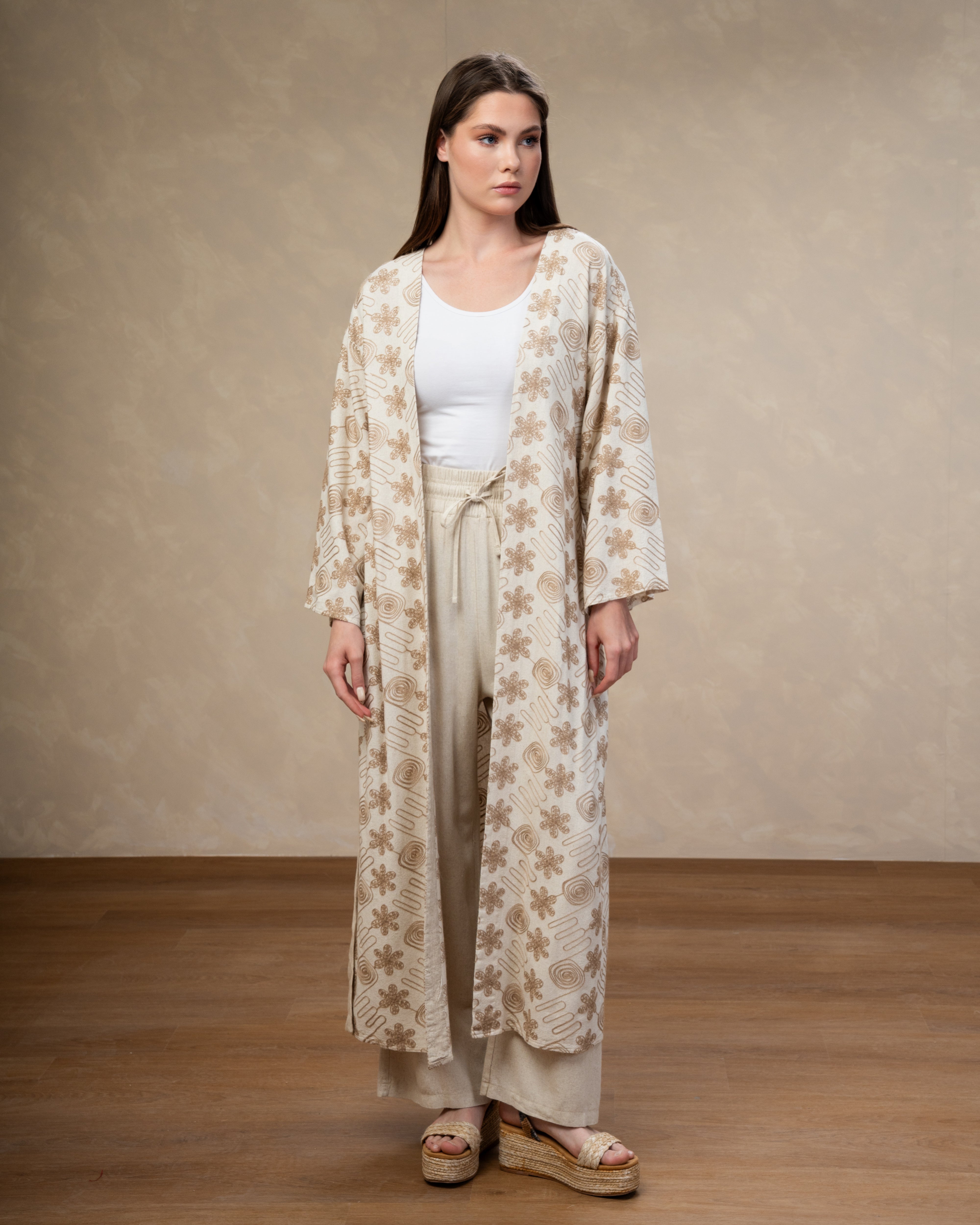 Long Star Embroidered Kimono With Belt
