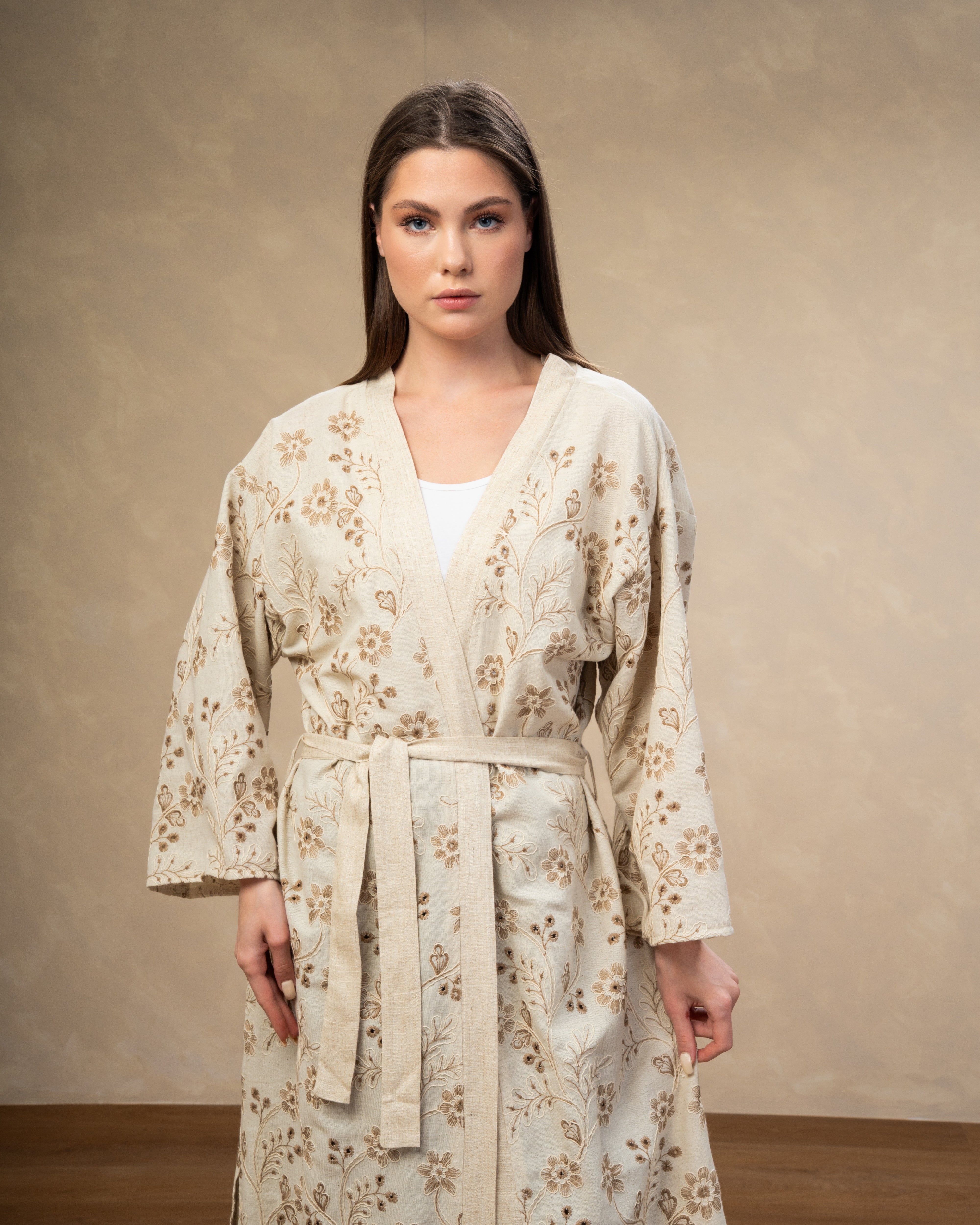 Long Floral Embroidered - Kimono With Belt