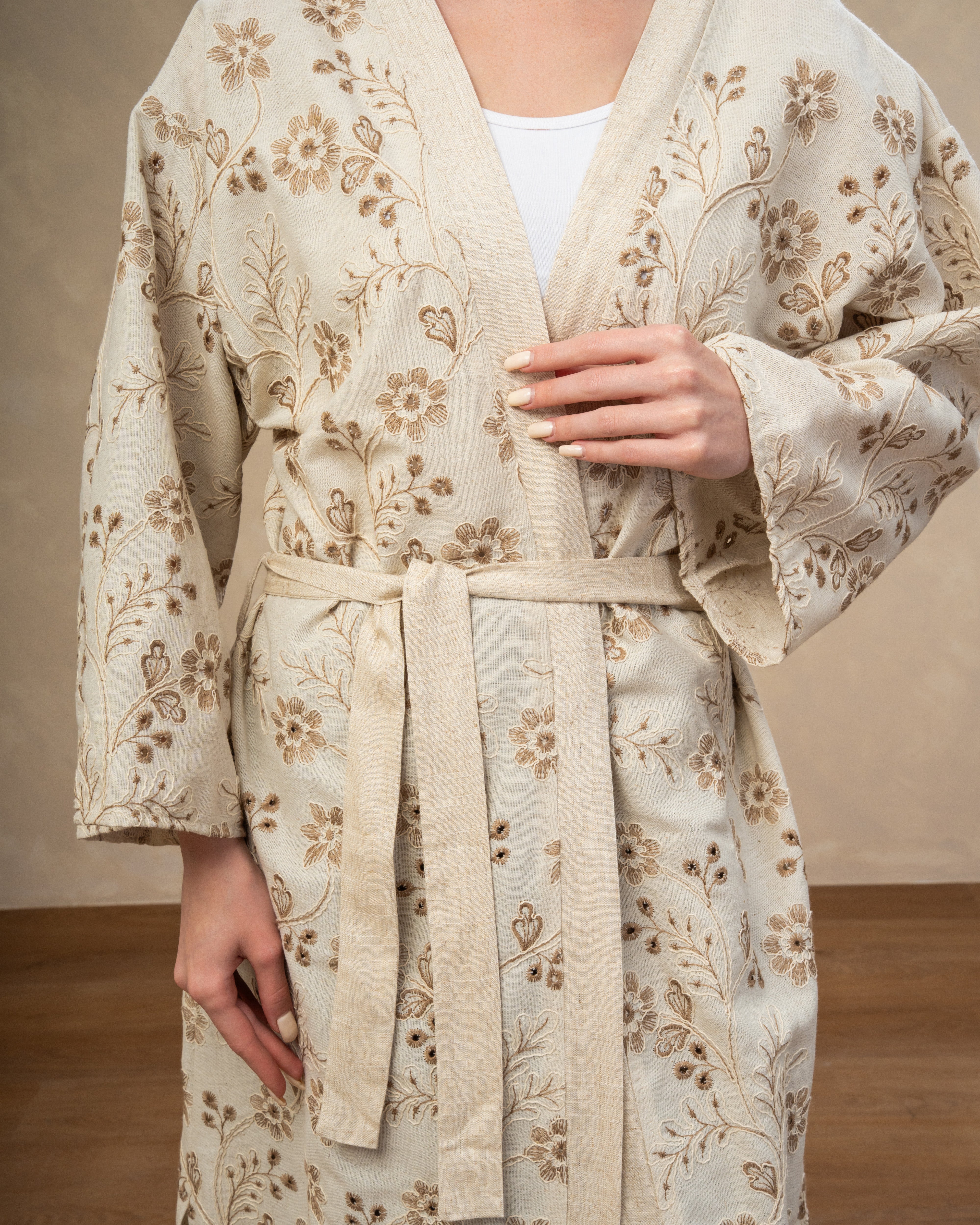 Long Floral Embroidered - Kimono With Belt