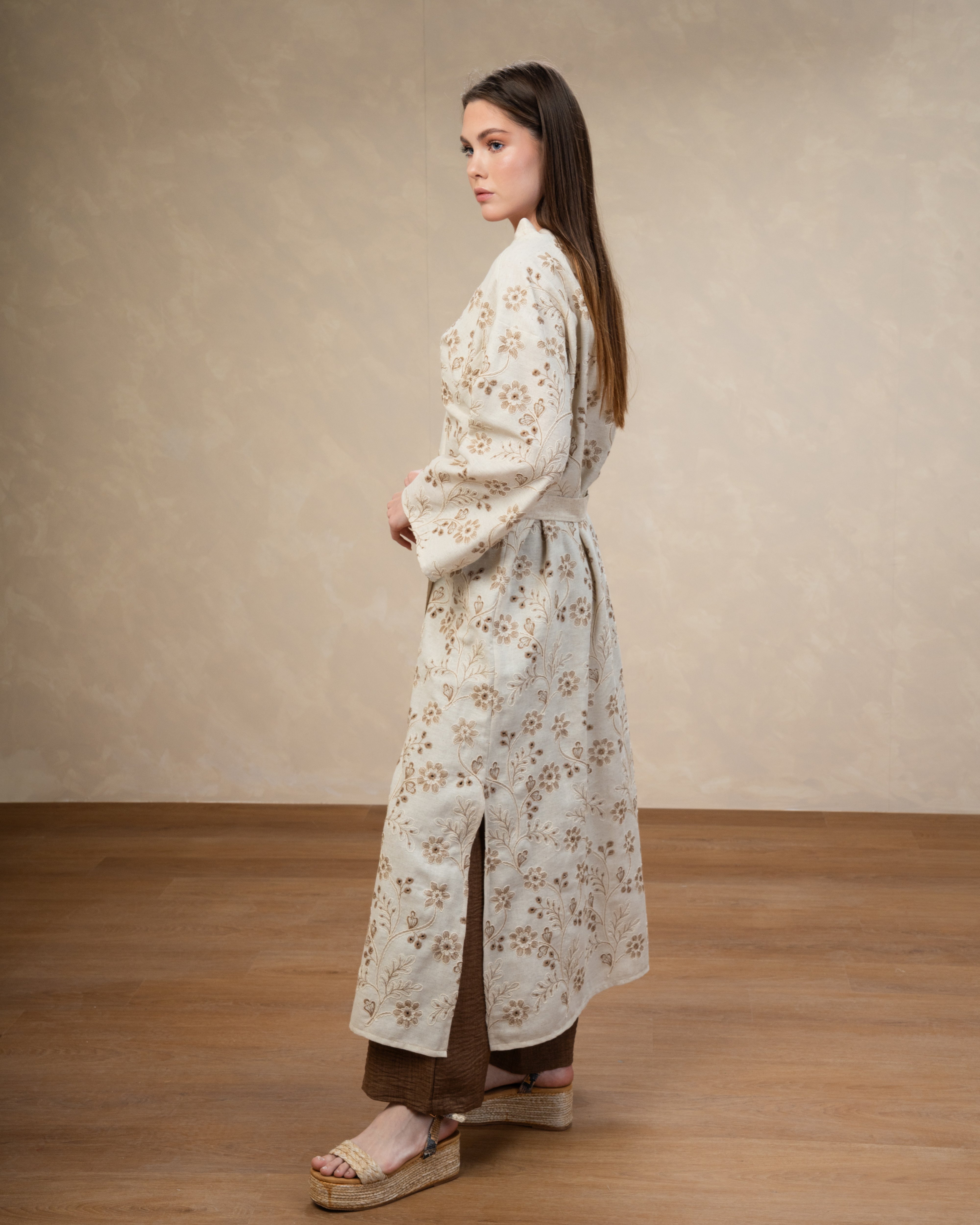 Long Floral Embroidered - Kimono With Belt