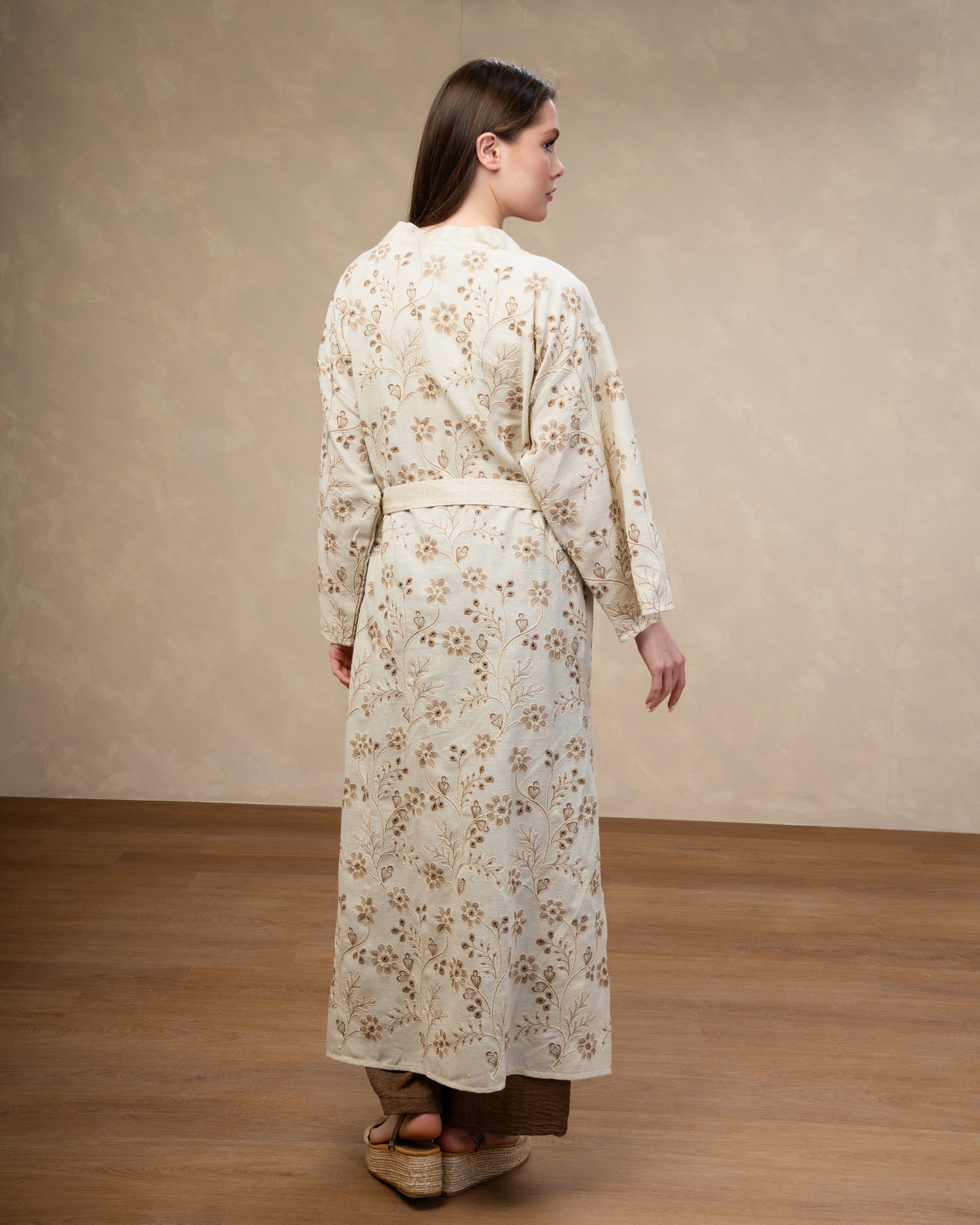 Long Floral Embroidered - Kimono With Belt
