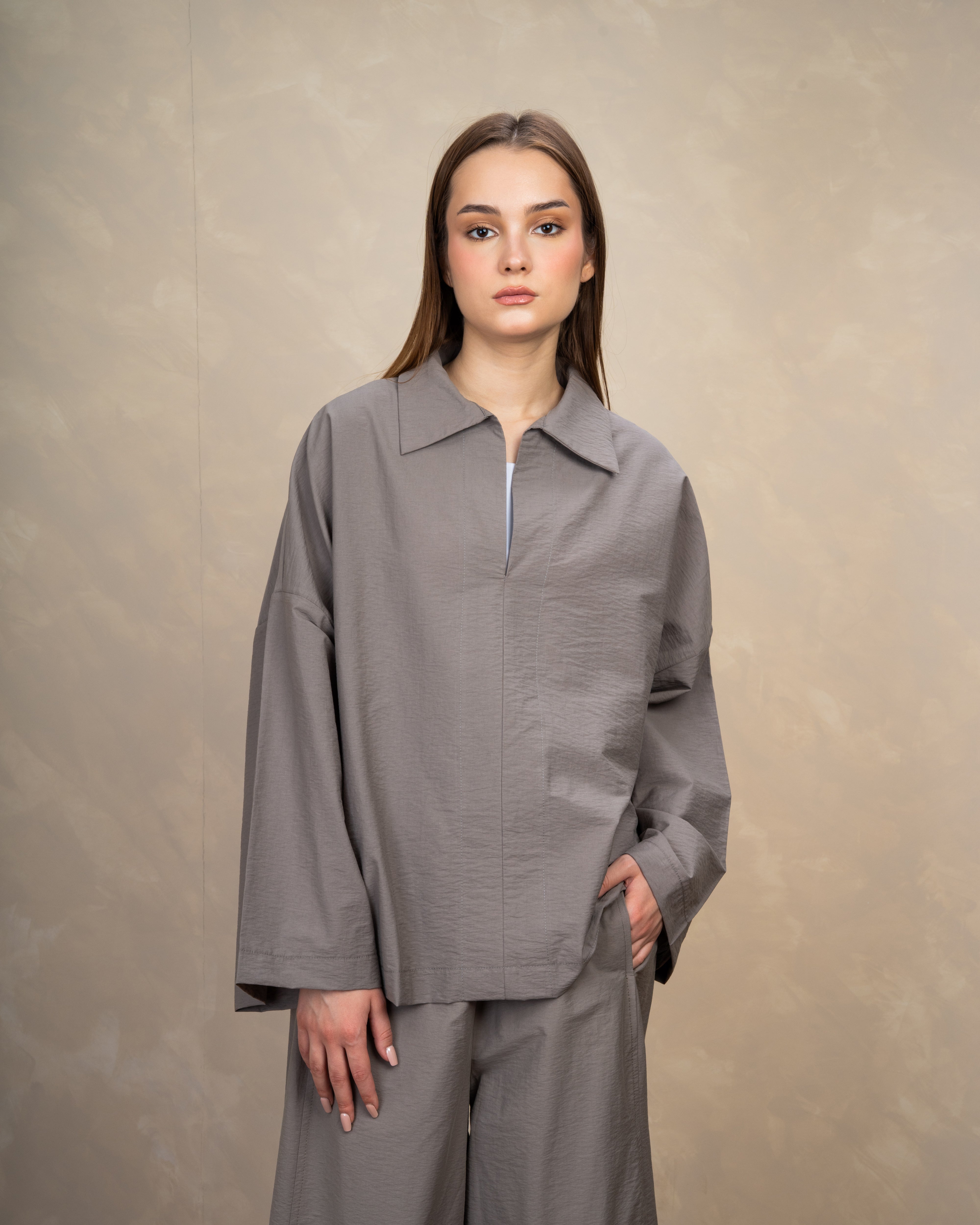 Oversized Plain Blouse With Wide Collar