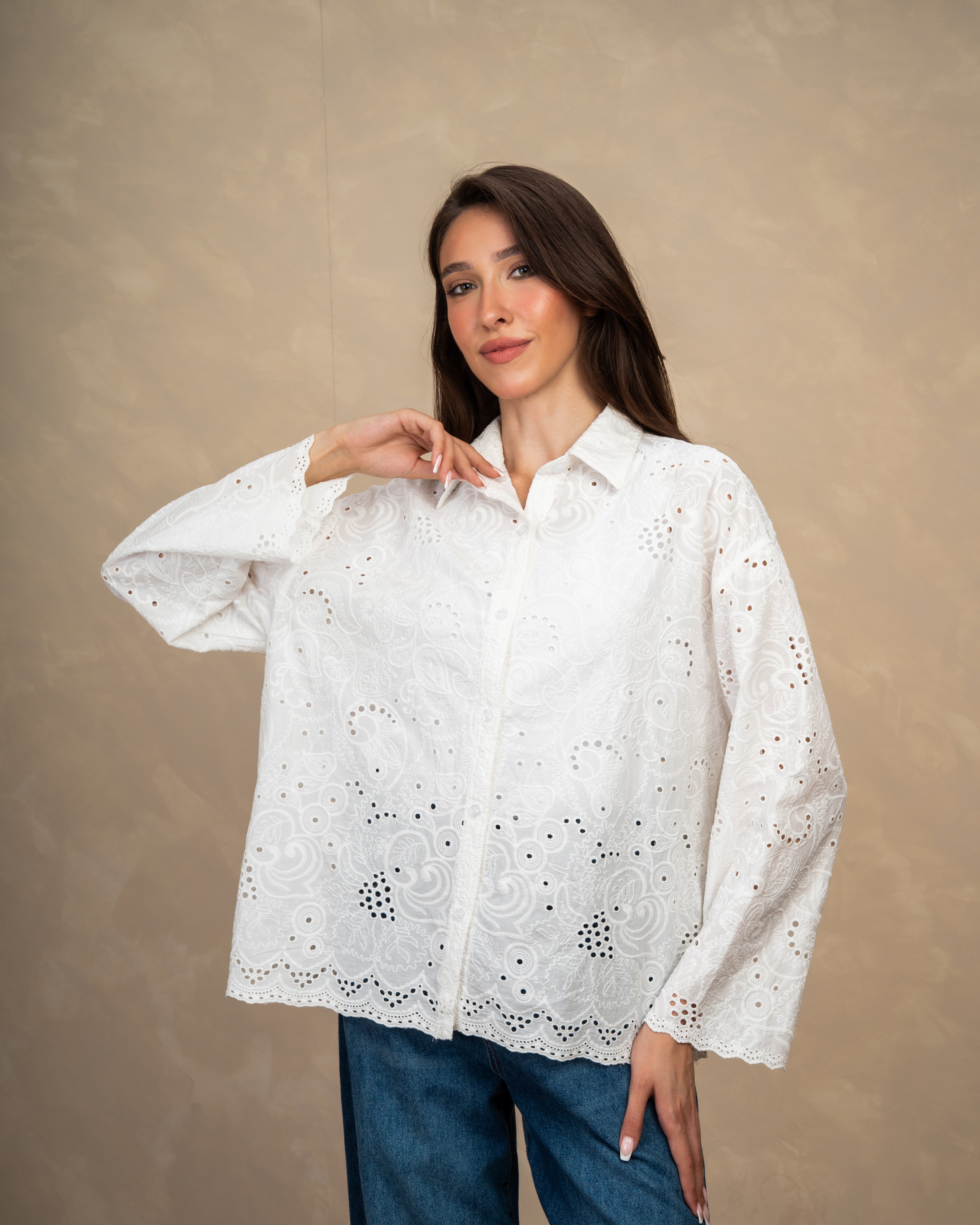Floral Embroidered Shirt With Lace Waist