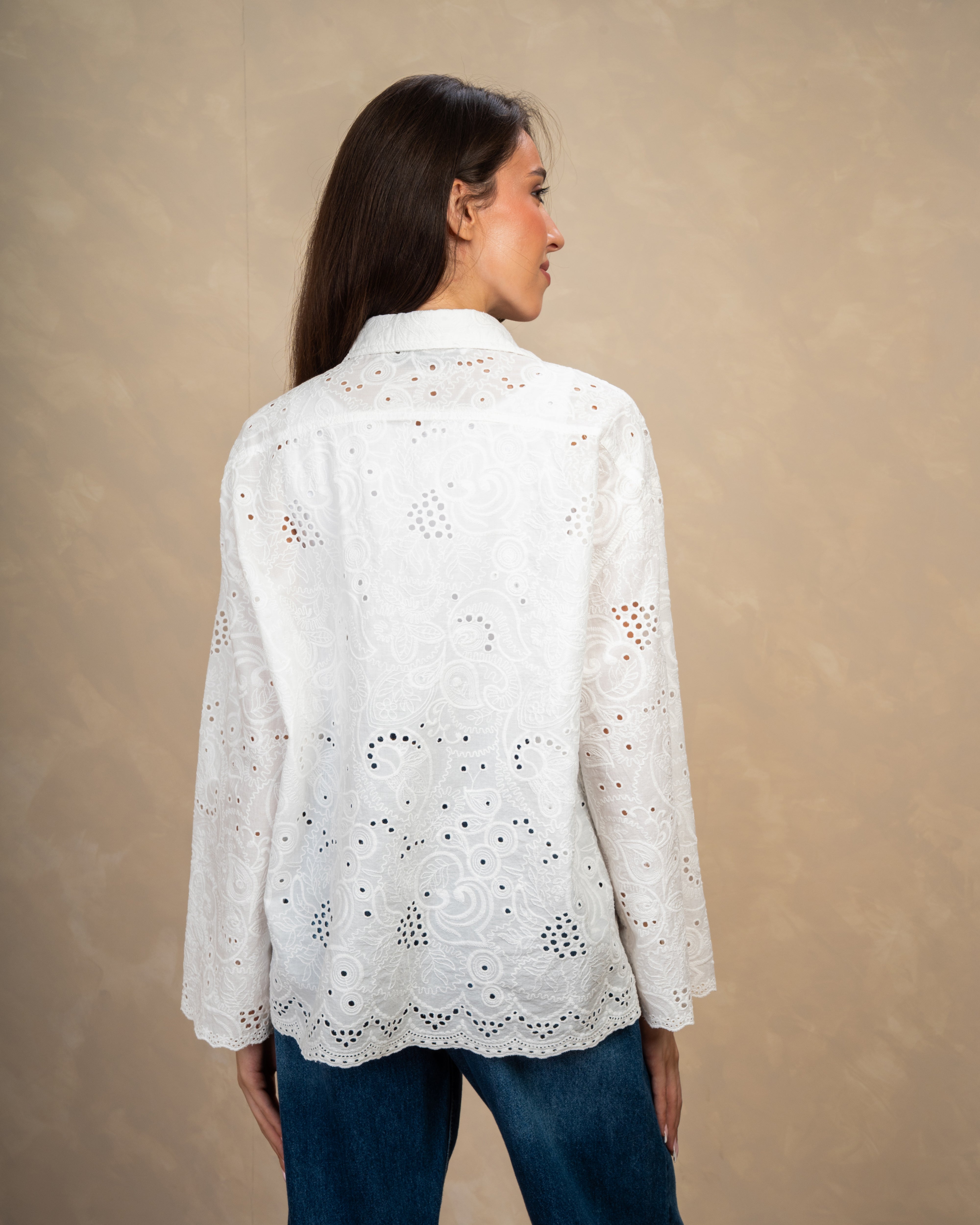 Floral Embroidered Shirt With Lace Waist