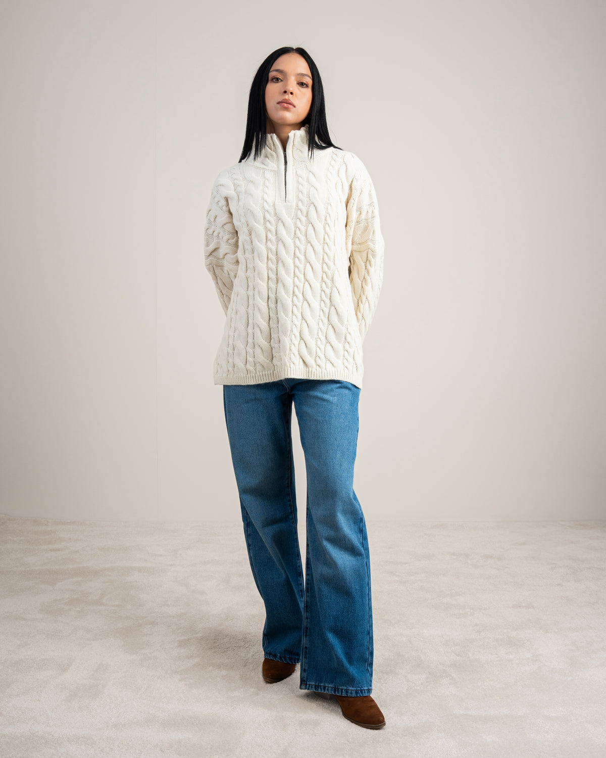 Cable Knitwear Pullover - With Zip Neck