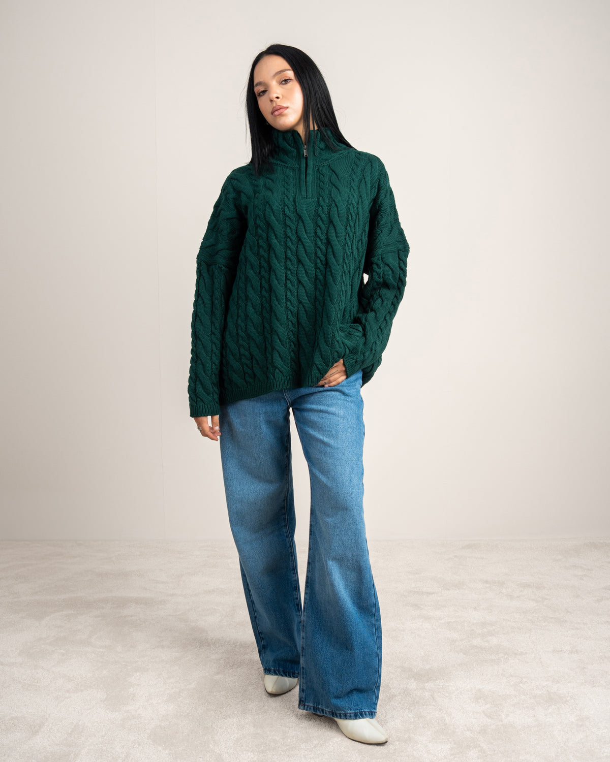 Cable Knitwear Pullover - With Zip Neck