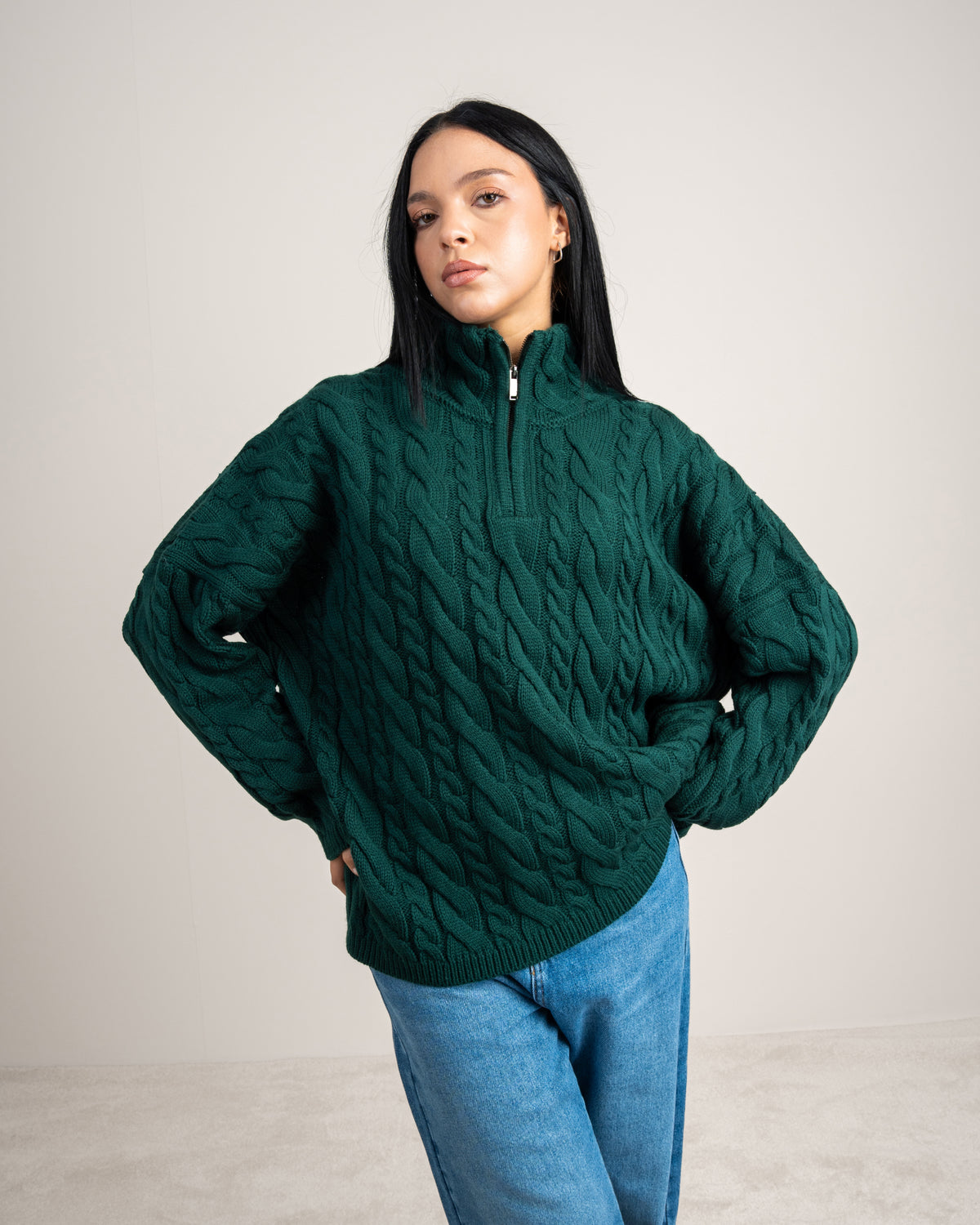 Cable Knitwear Pullover - With Zip Neck