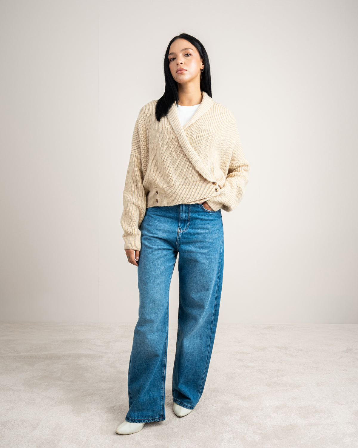Wide Neck Knitwear Pullover - With Waist Buttons
