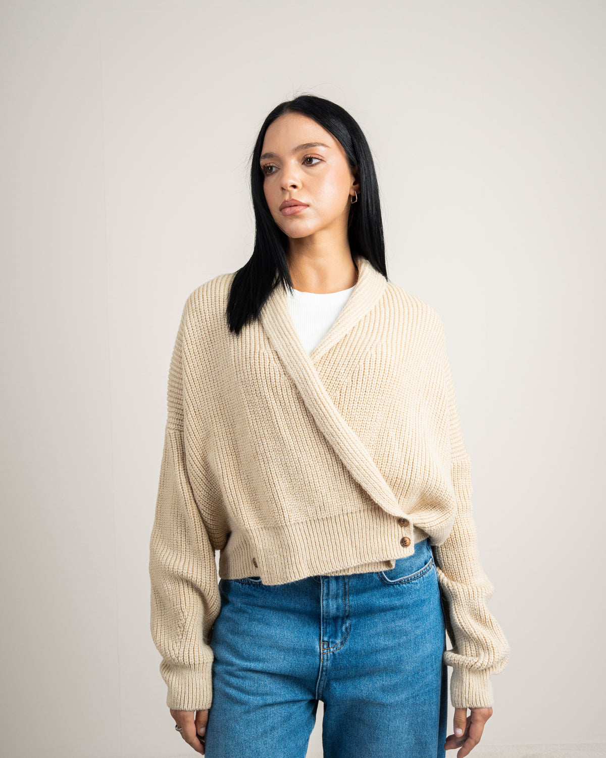 Wide Neck Knitwear Pullover - With Waist Buttons