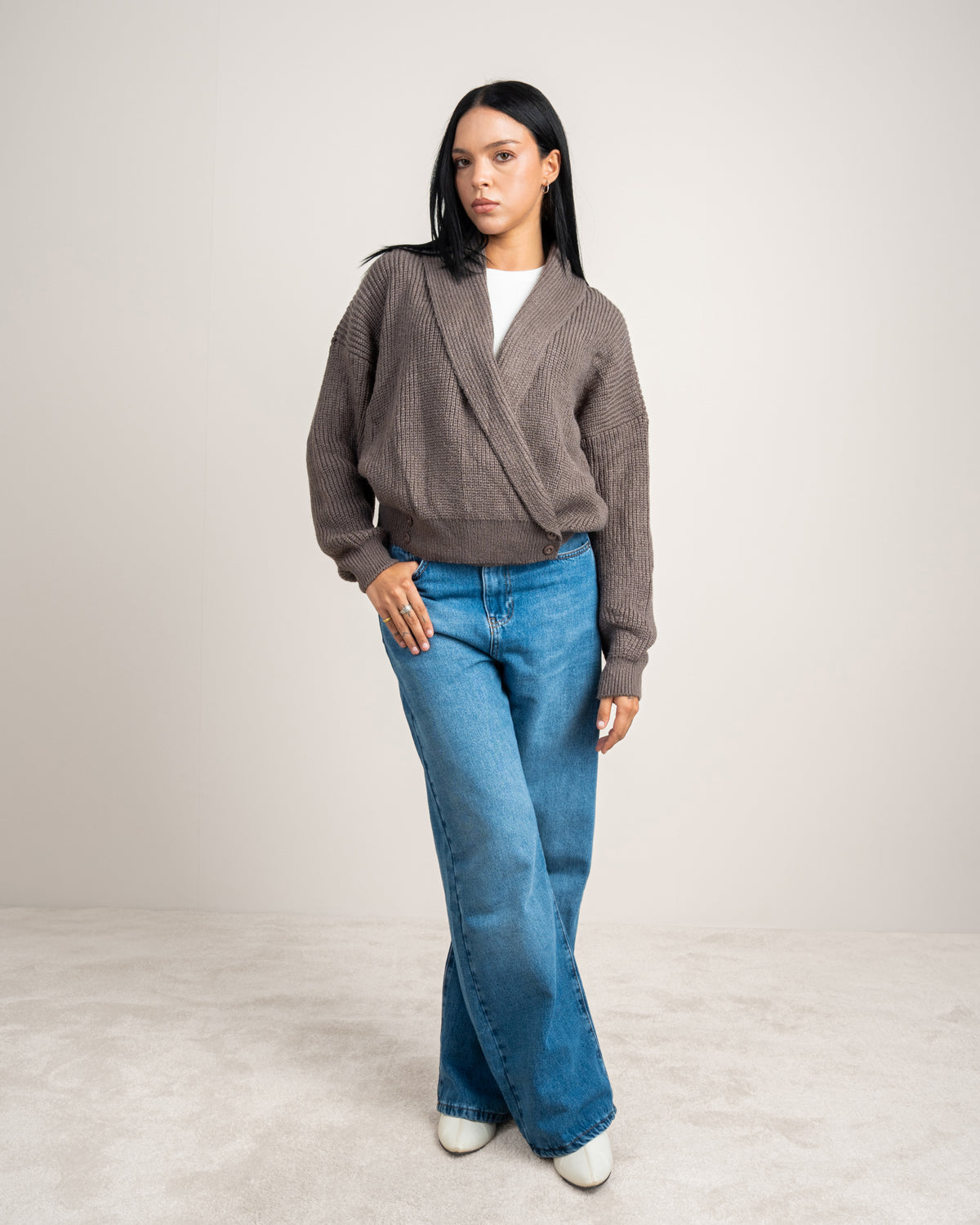 Wide Neck Knitwear Pullover - With Waist Buttons
