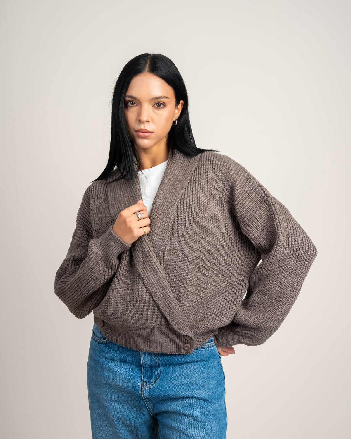 Wide Neck Knitwear Pullover - With Waist Buttons