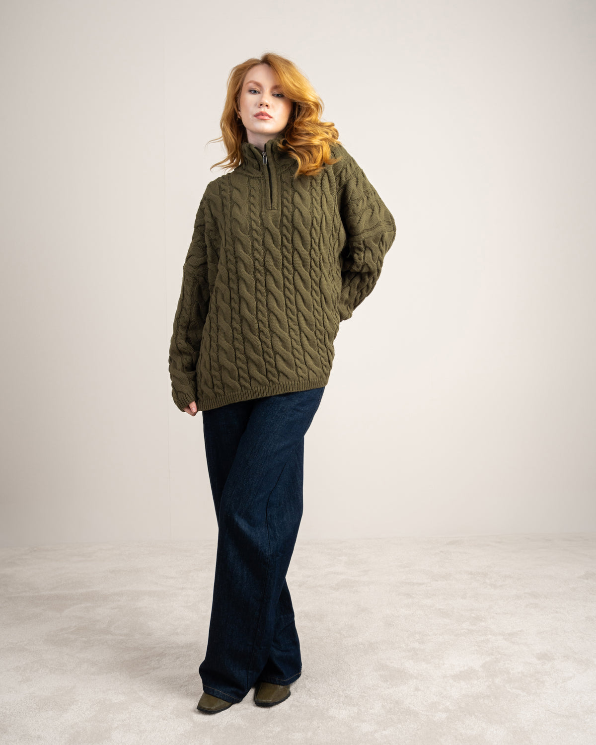 Cable Knitwear Pullover - With Zip Neck