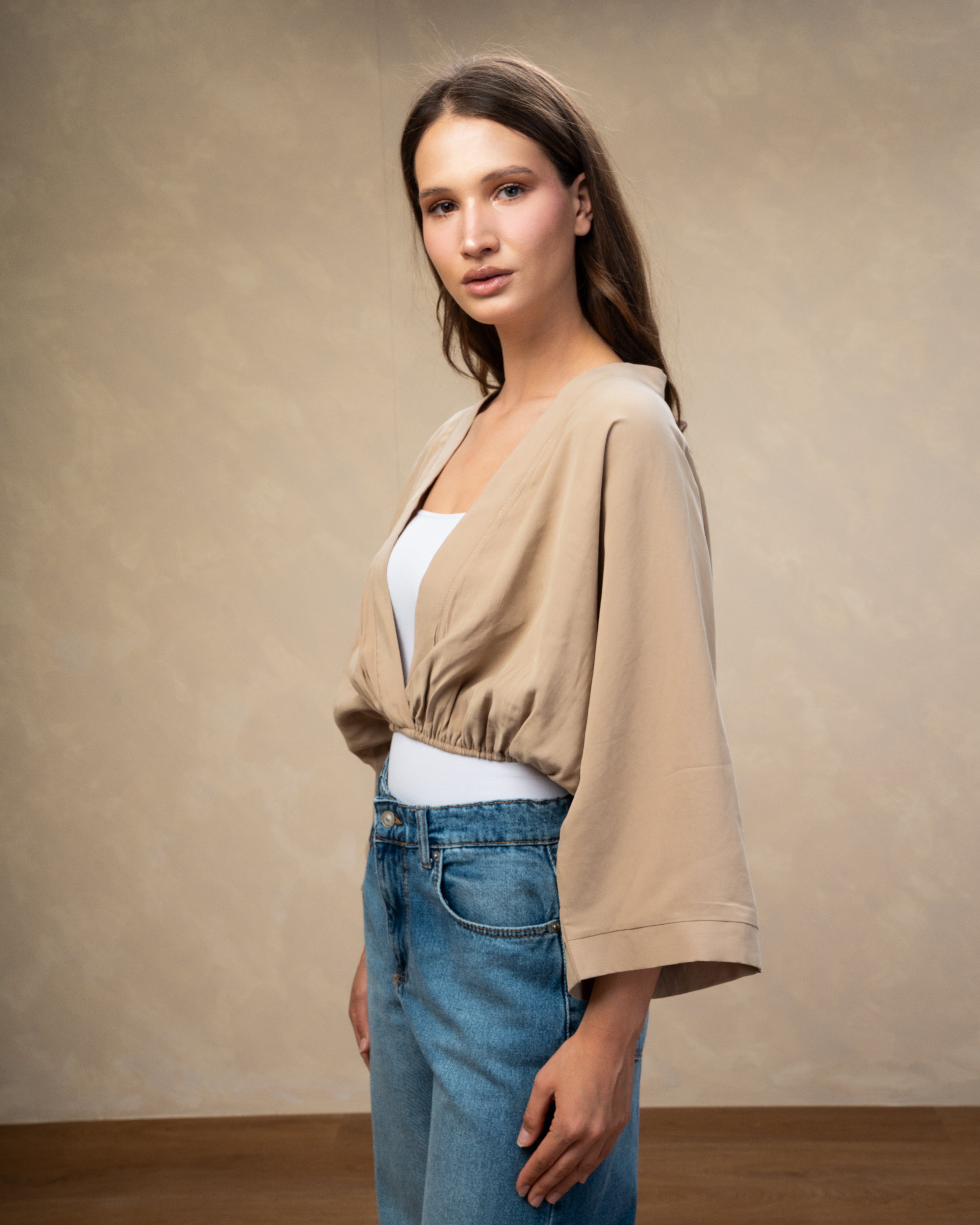 Short Plain Blouse - With Elastic Waist