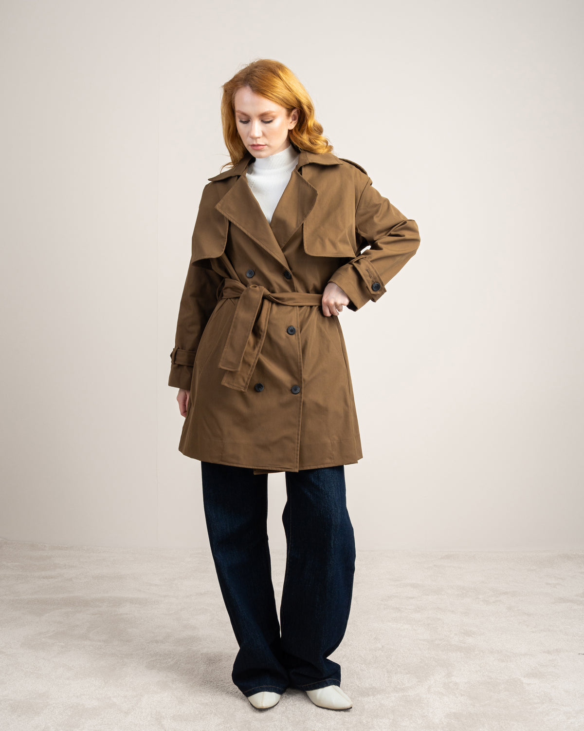 Long Gabardine Jacket - With Belt And Pockets
