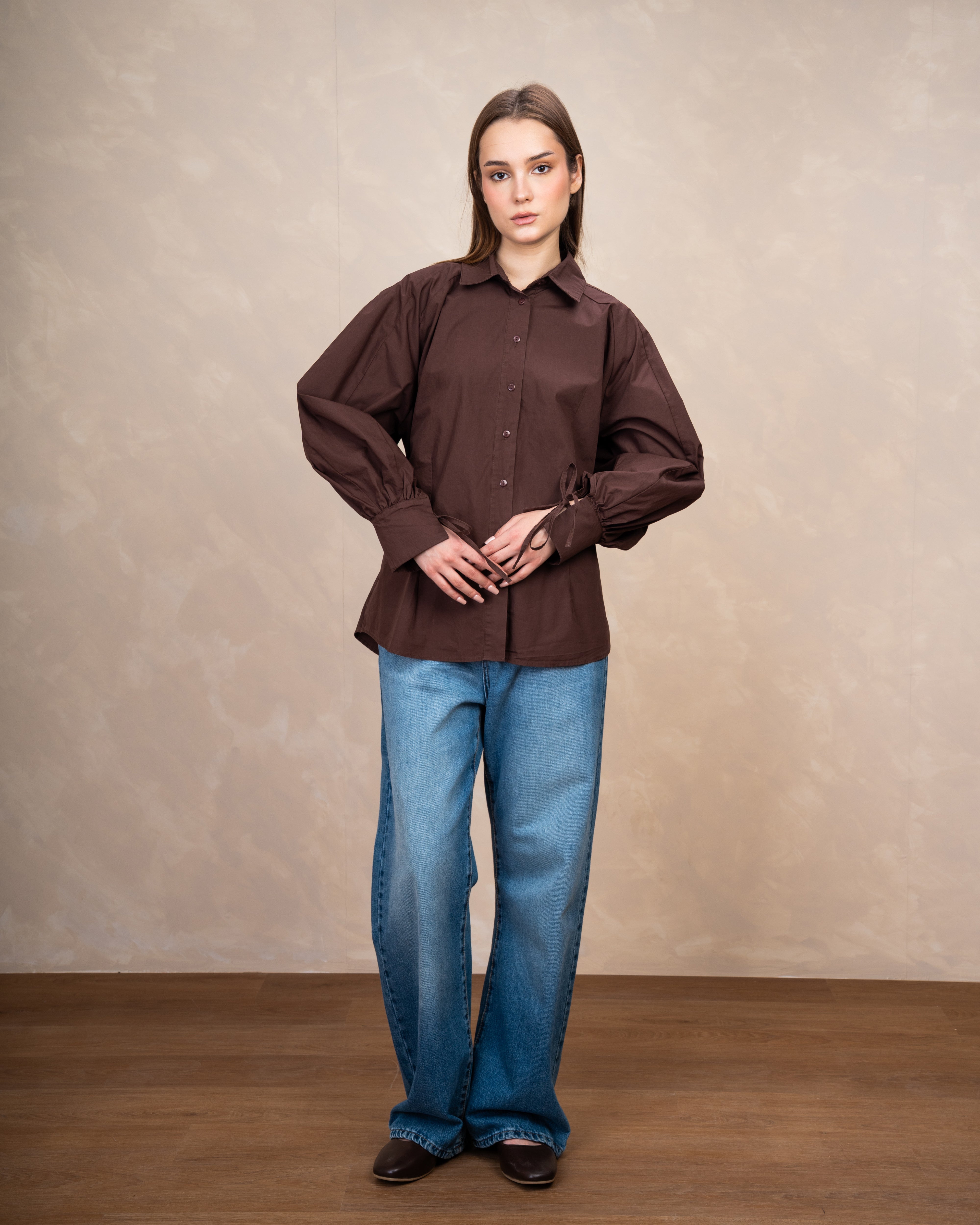 Plain Shirt With Waist Tie And Tie Cuffs