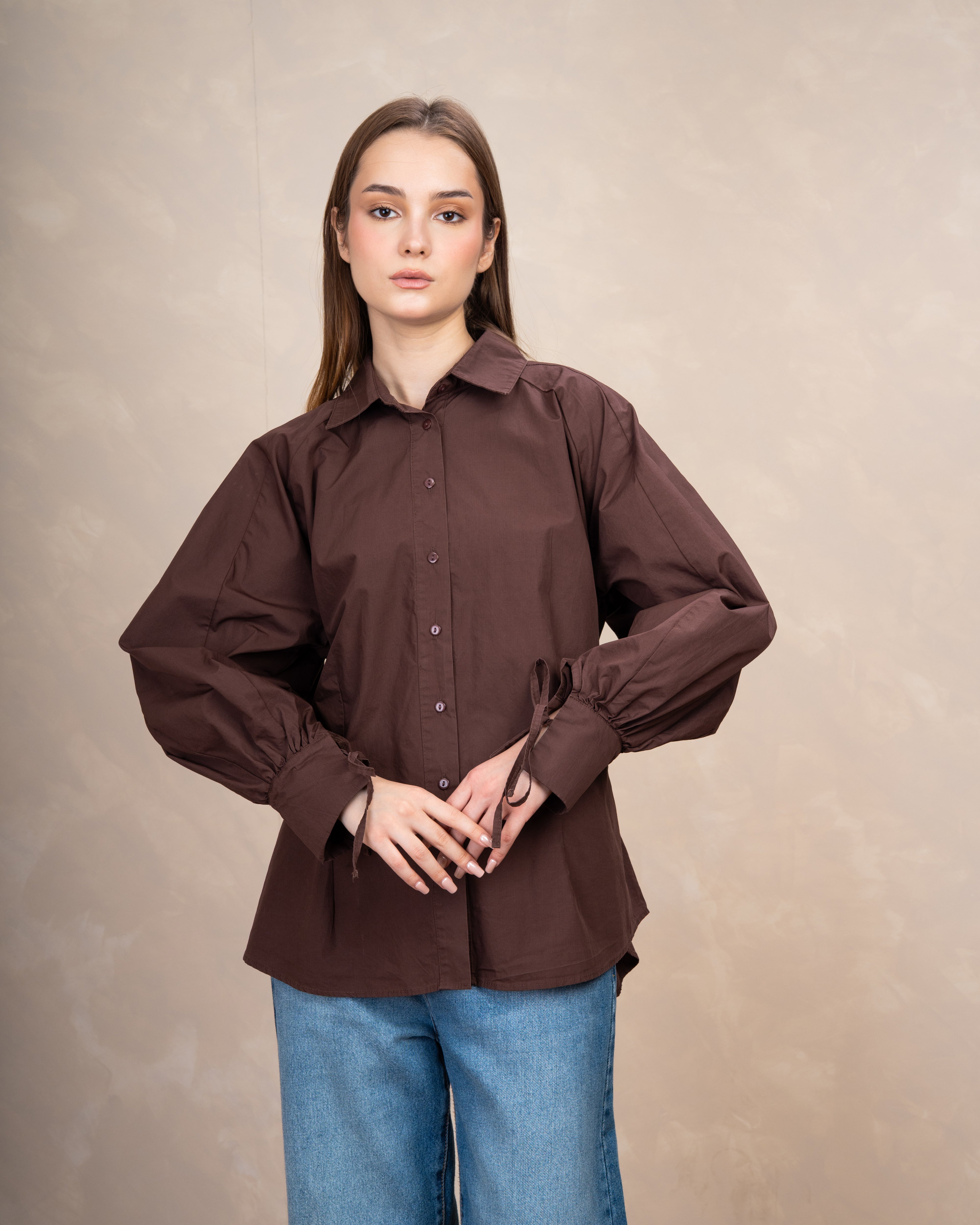 Plain Shirt With Waist Tie And Tie Cuffs
