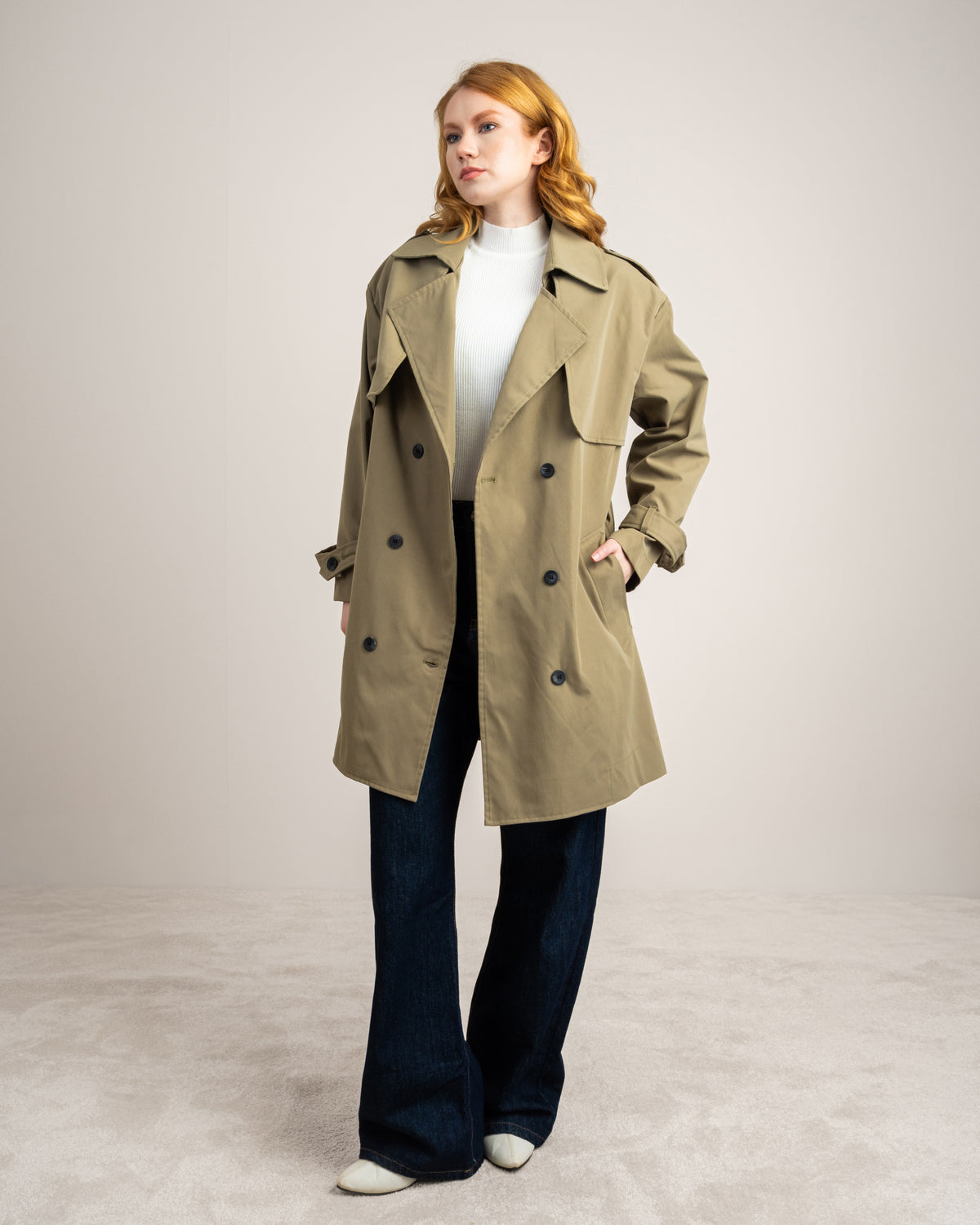 Long Gabardine Jacket - With Belt And Pockets